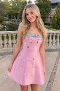 Candy Pink Rhinestones Satin Strapless A-Line Homecoming Dress