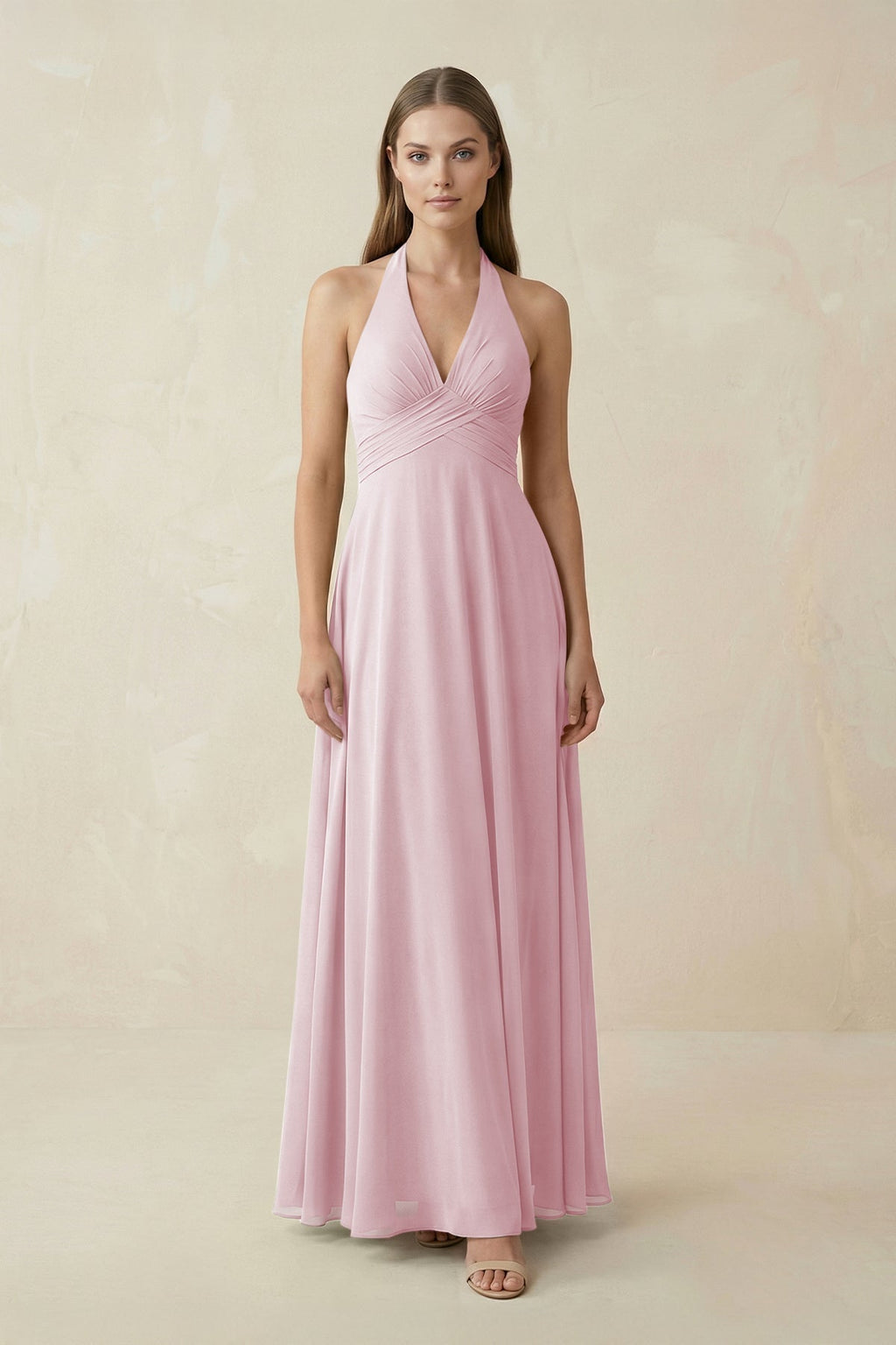 A-Line Pleated Chiffon V-Neck Bridesmaid Dress in Candy Pink