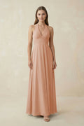 A-Line Pleated Chiffon V-Neck Bridesmaid Dress in Champagne Rose