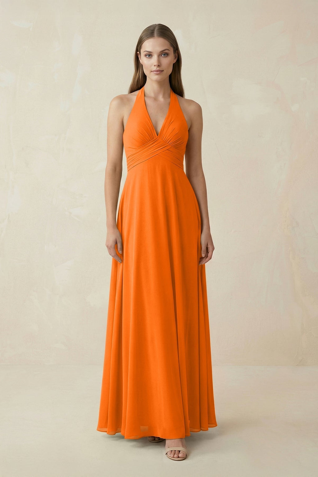 A-Line Pleated Chiffon V-Neck Bridesmaid Dress in Cinnamon