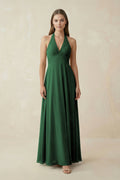 A-Line Pleated Chiffon V-Neck Bridesmaid Dress in Dark Green
