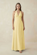 A-Line Pleated Chiffon V-Neck Bridesmaid Dress in Pastel Yellow