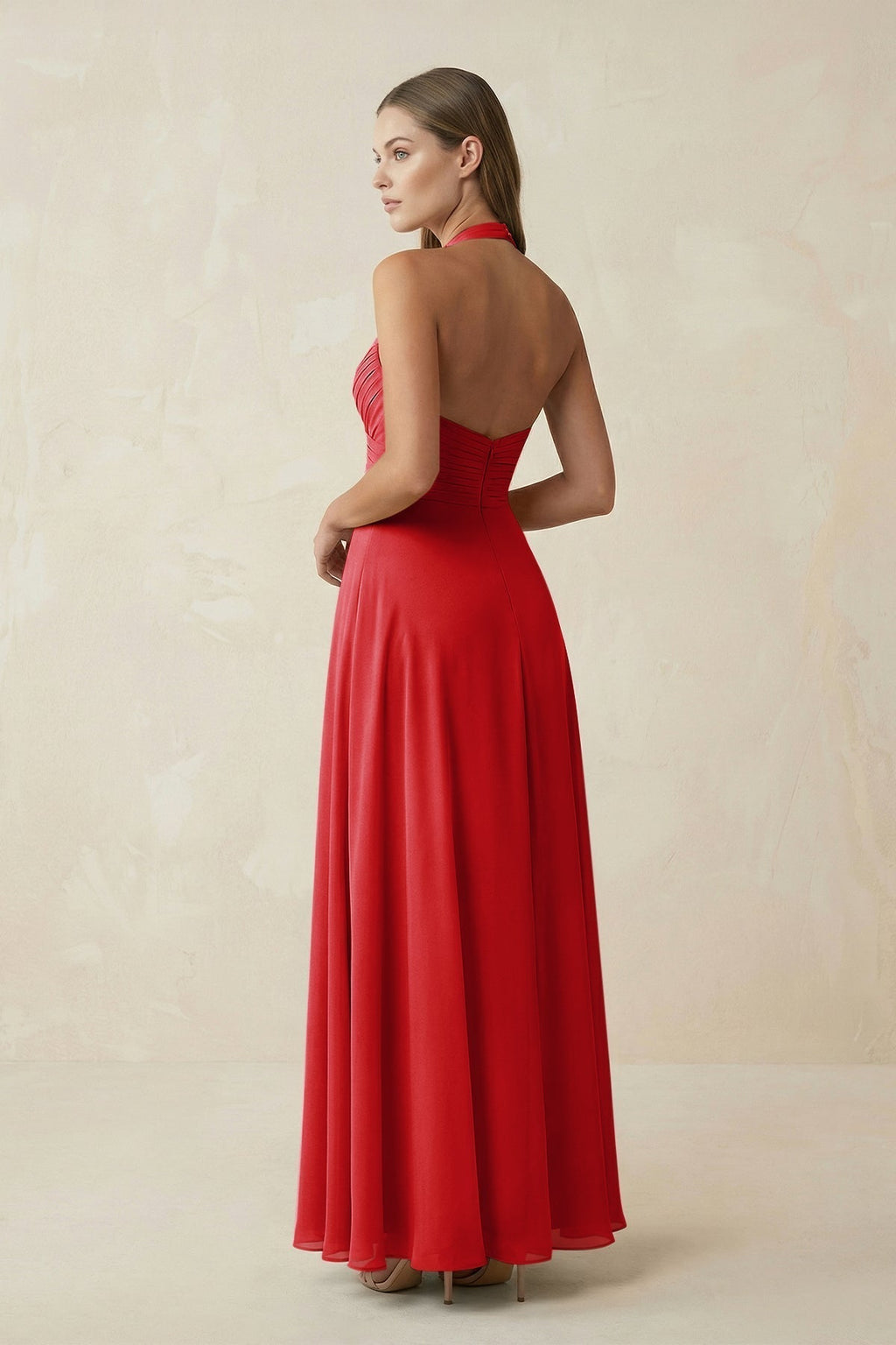 A-Line Pleated Chiffon V-Neck Bridesmaid Dress in Ruby Red