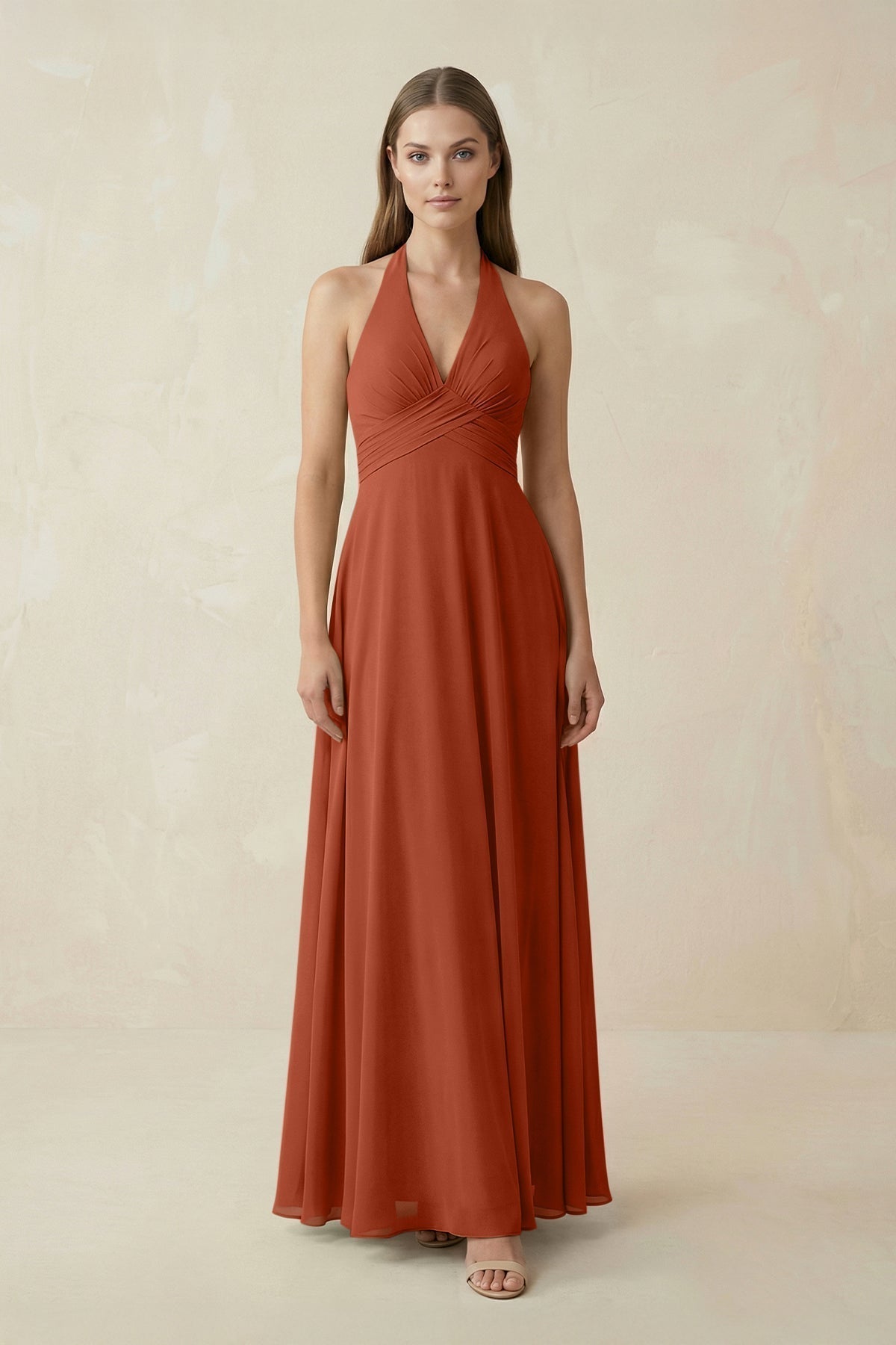 A-Line Pleated Chiffon V-Neck Bridesmaid Dress in Spice