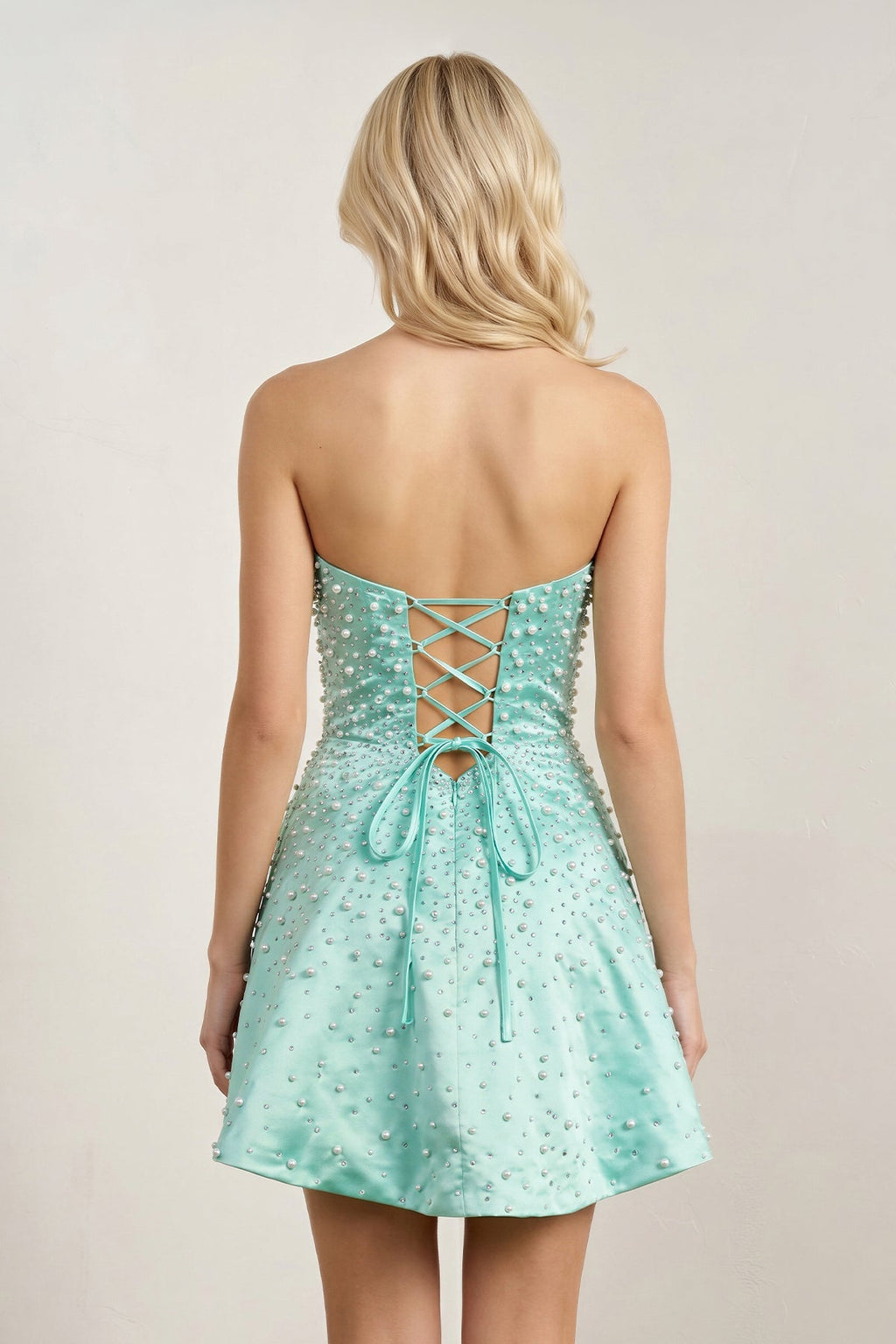 Aqua Satin A-Line Strapless Pearl Short Homecoming Dress