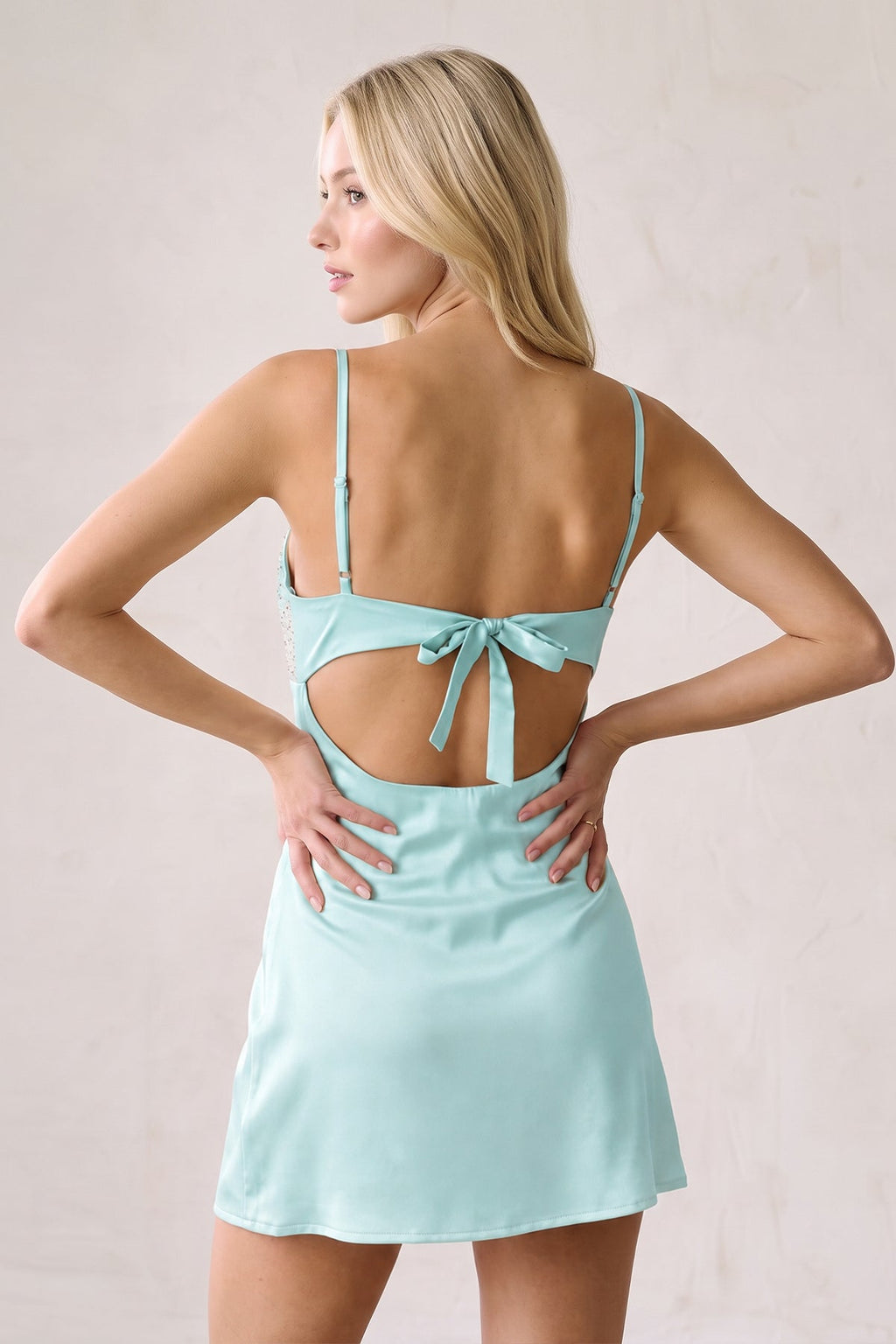 Champagne Spaghetti Straps Sheath Rhinestones Satin Homecoming Dress with Tie Back