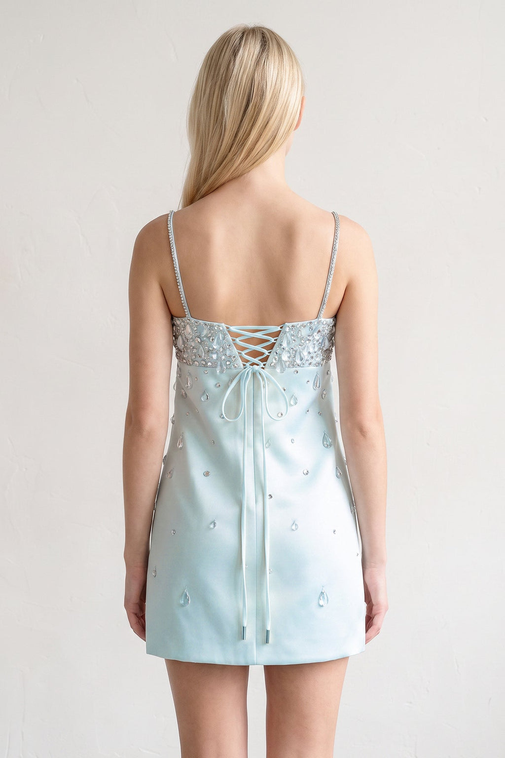 Aqua Spaghetti Straps Sheath Satin Homecoming Dress With Beading
