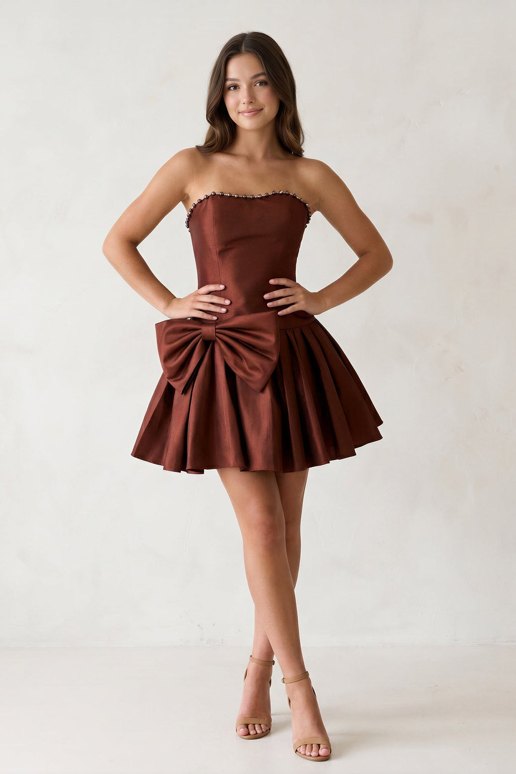 Aqua Strapless A-Line Satin Ruched Bow Homecoming Dress With Pearl
