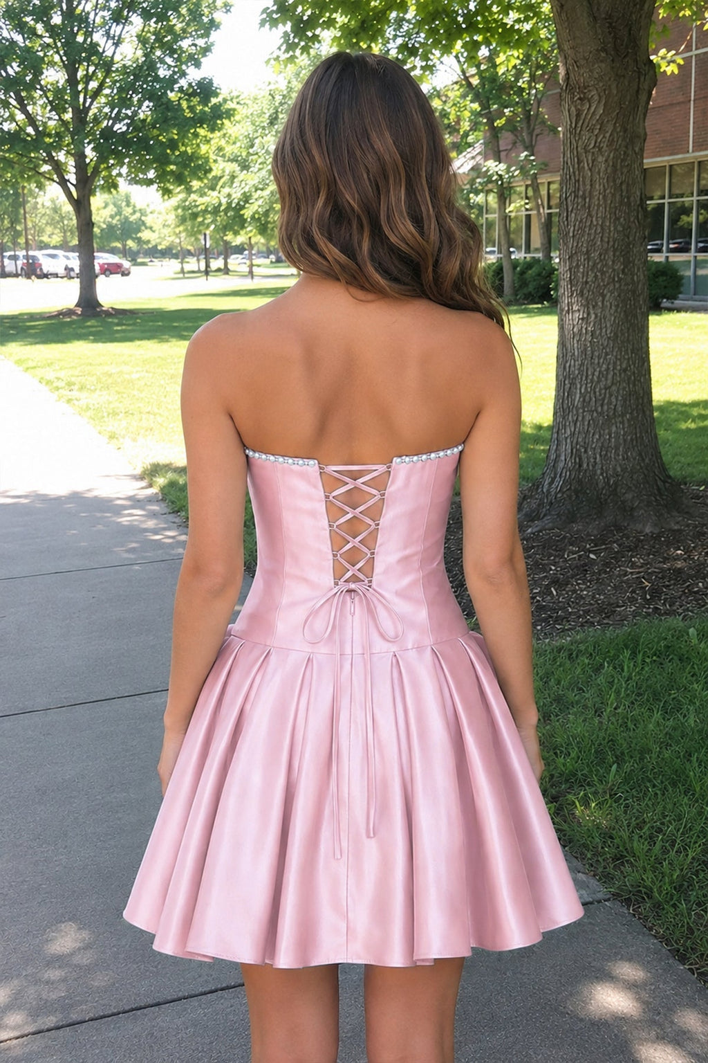 Aqua Strapless A-Line Satin Ruched Bow Homecoming Dress With Pearl
