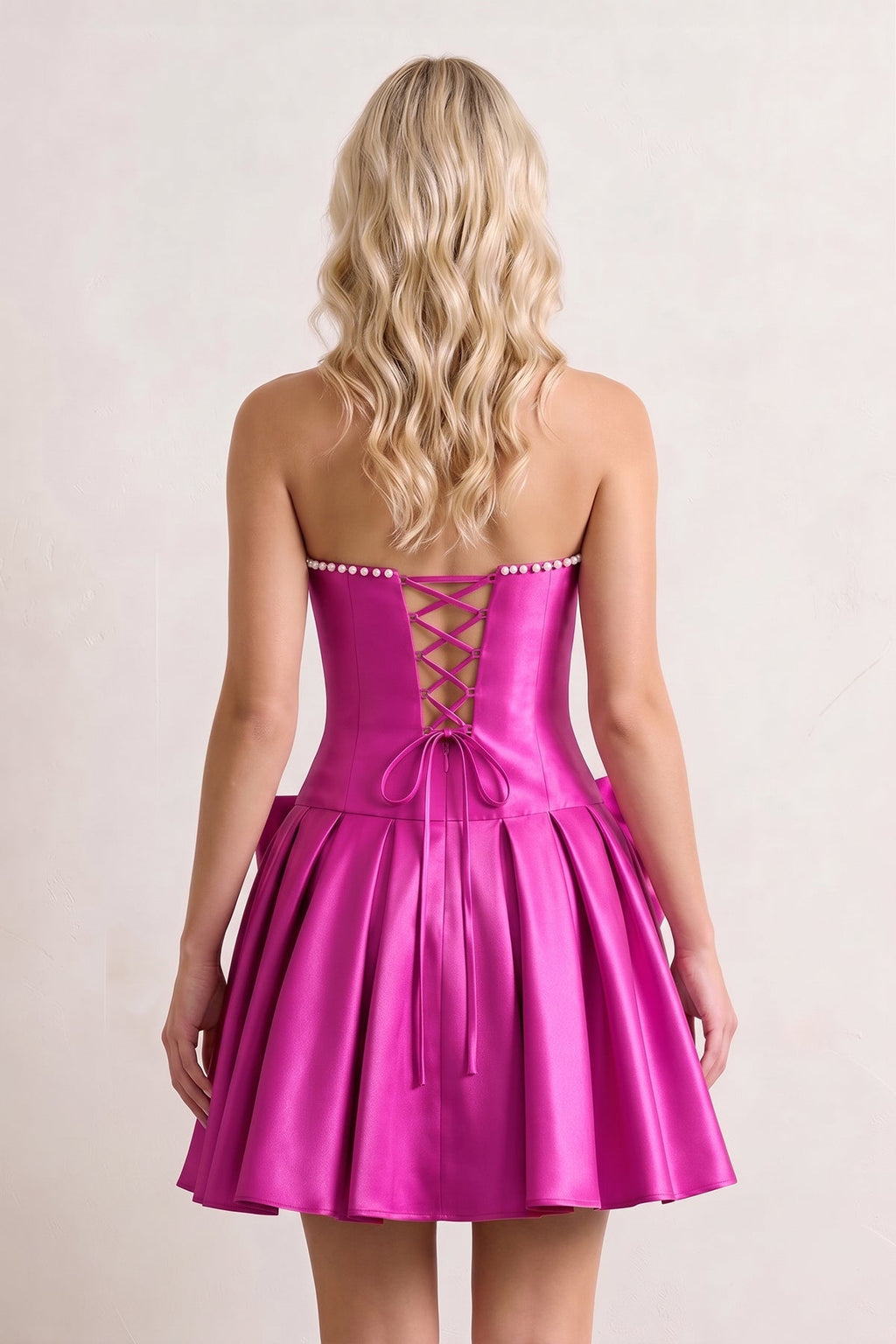 Aqua Strapless A-Line Satin Ruched Bow Homecoming Dress With Pearl