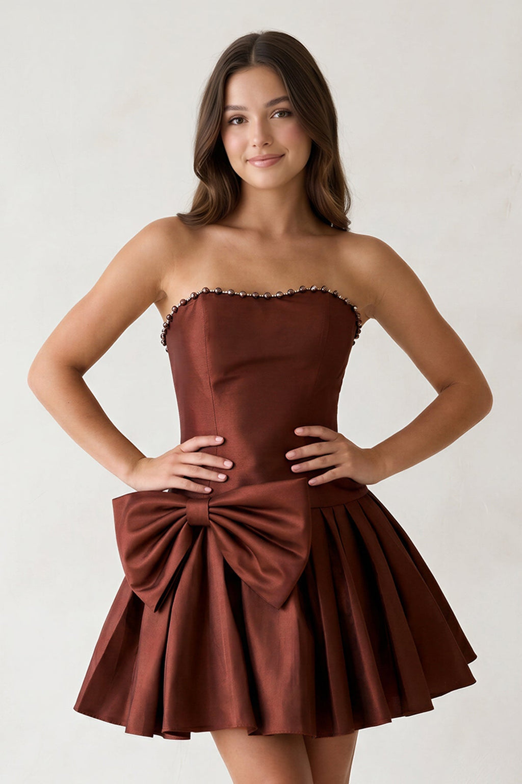Aqua Strapless A-Line Satin Ruched Bow Homecoming Dress With Pearl
