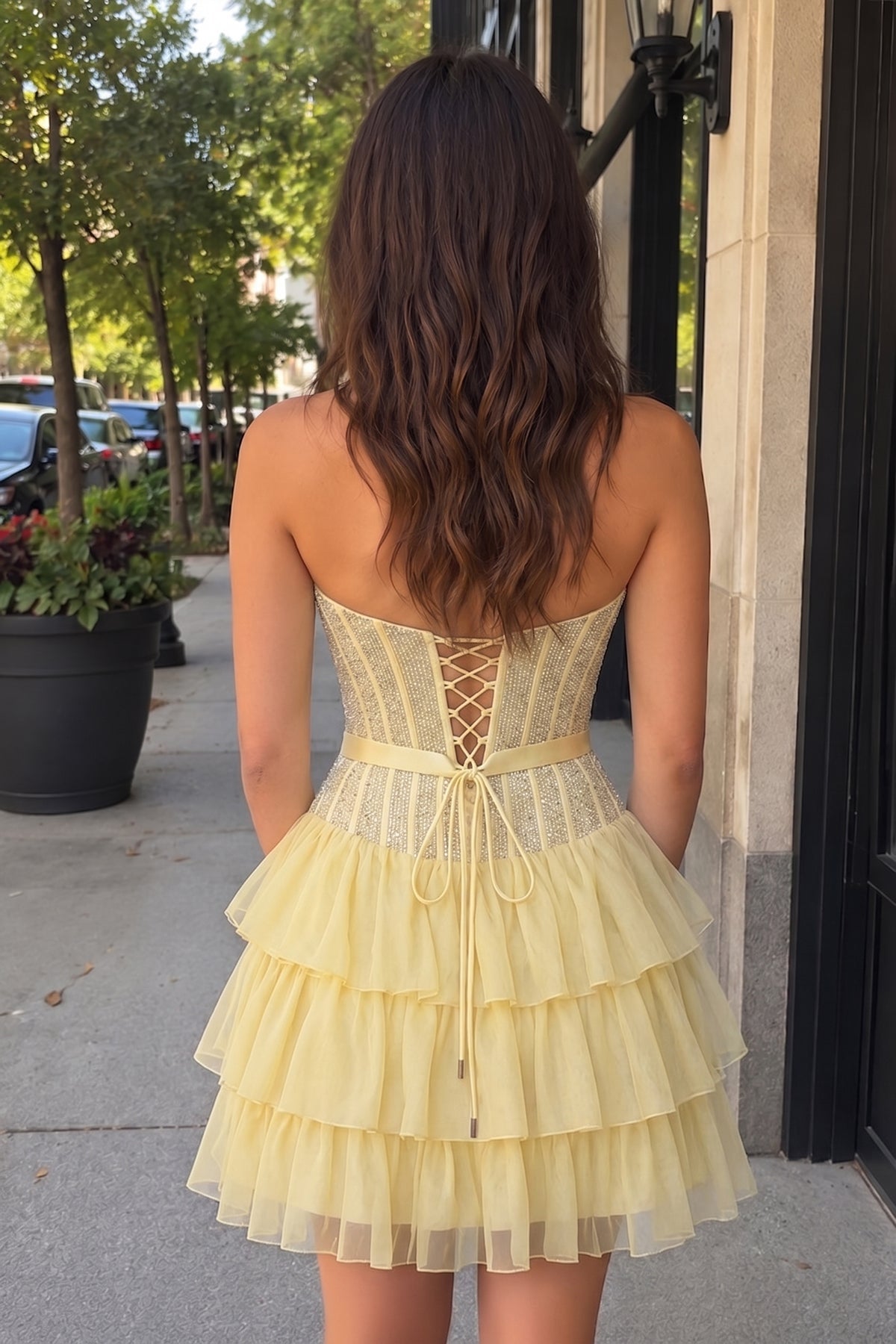 Black Beaded Corset Strapless Ruffled A-Line Homecoming Dress