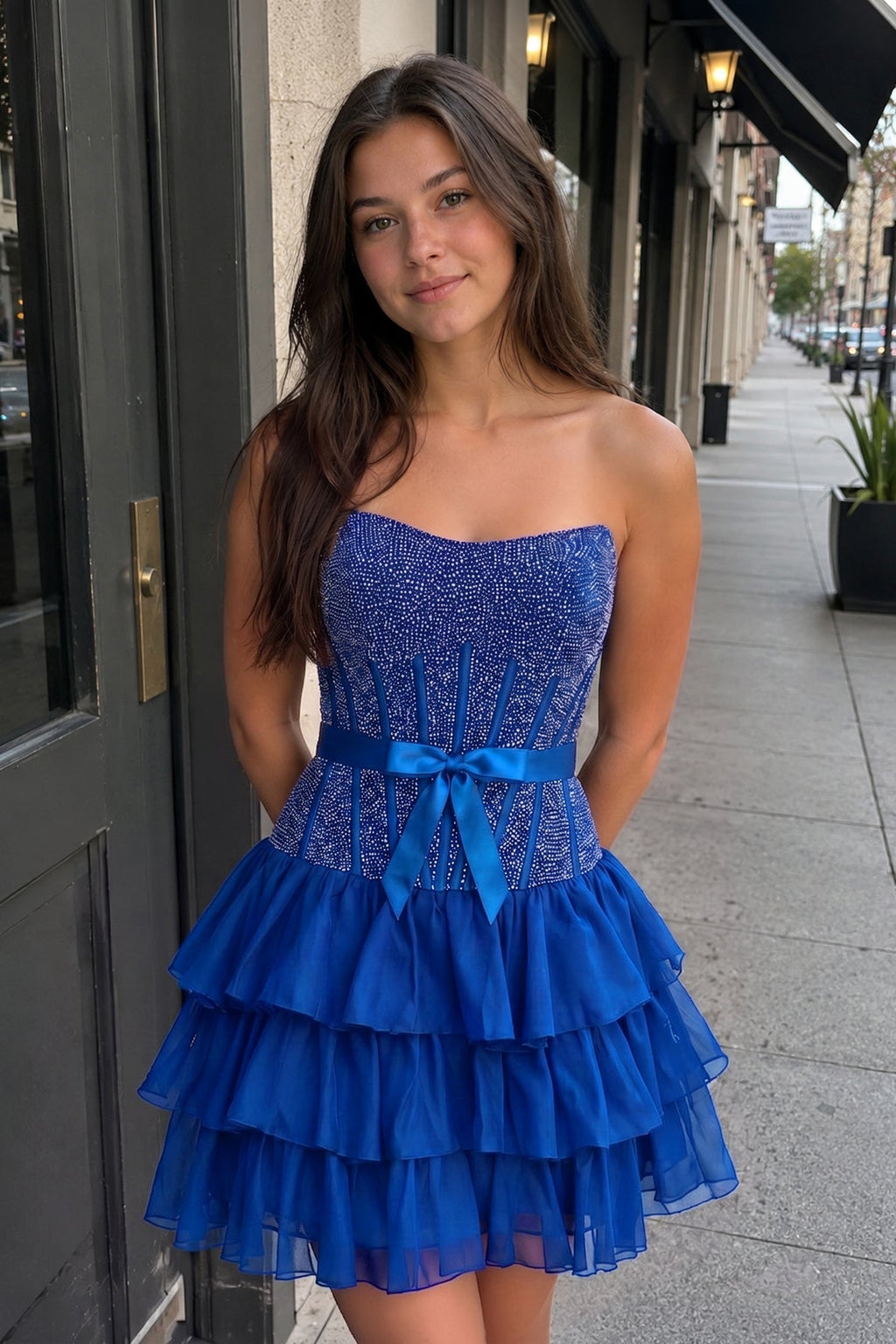 Black Beaded Corset Strapless Ruffled A-Line Homecoming Dress