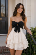 White Black Sweetheart A-Line Ruffled Chiffon Homecoming Dress with Bow