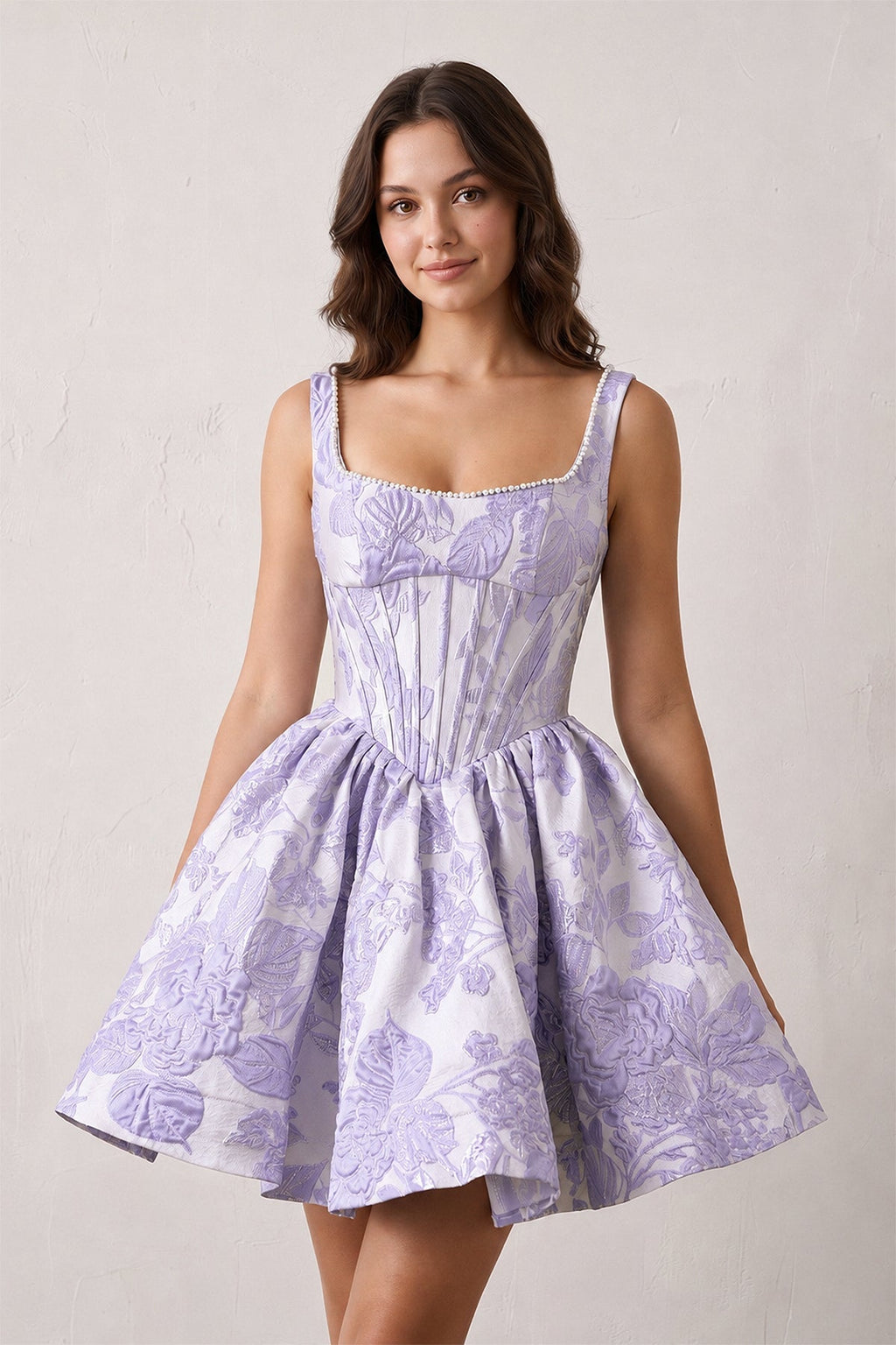 Blue A-Line Square Neck Jacquard Corset Homecoming Dress With Pearl