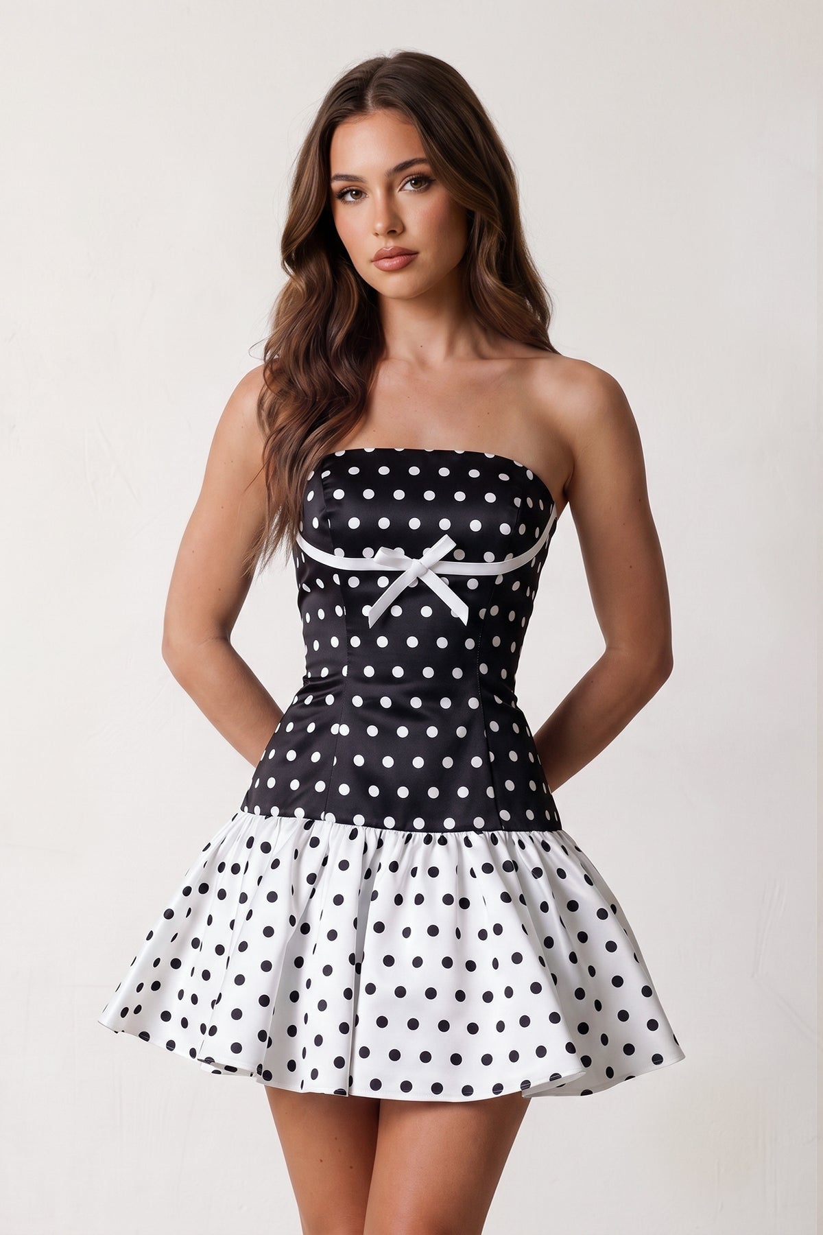 Blue Polka Dots Strapless A-Line Satin Homecoming Dress With Bow