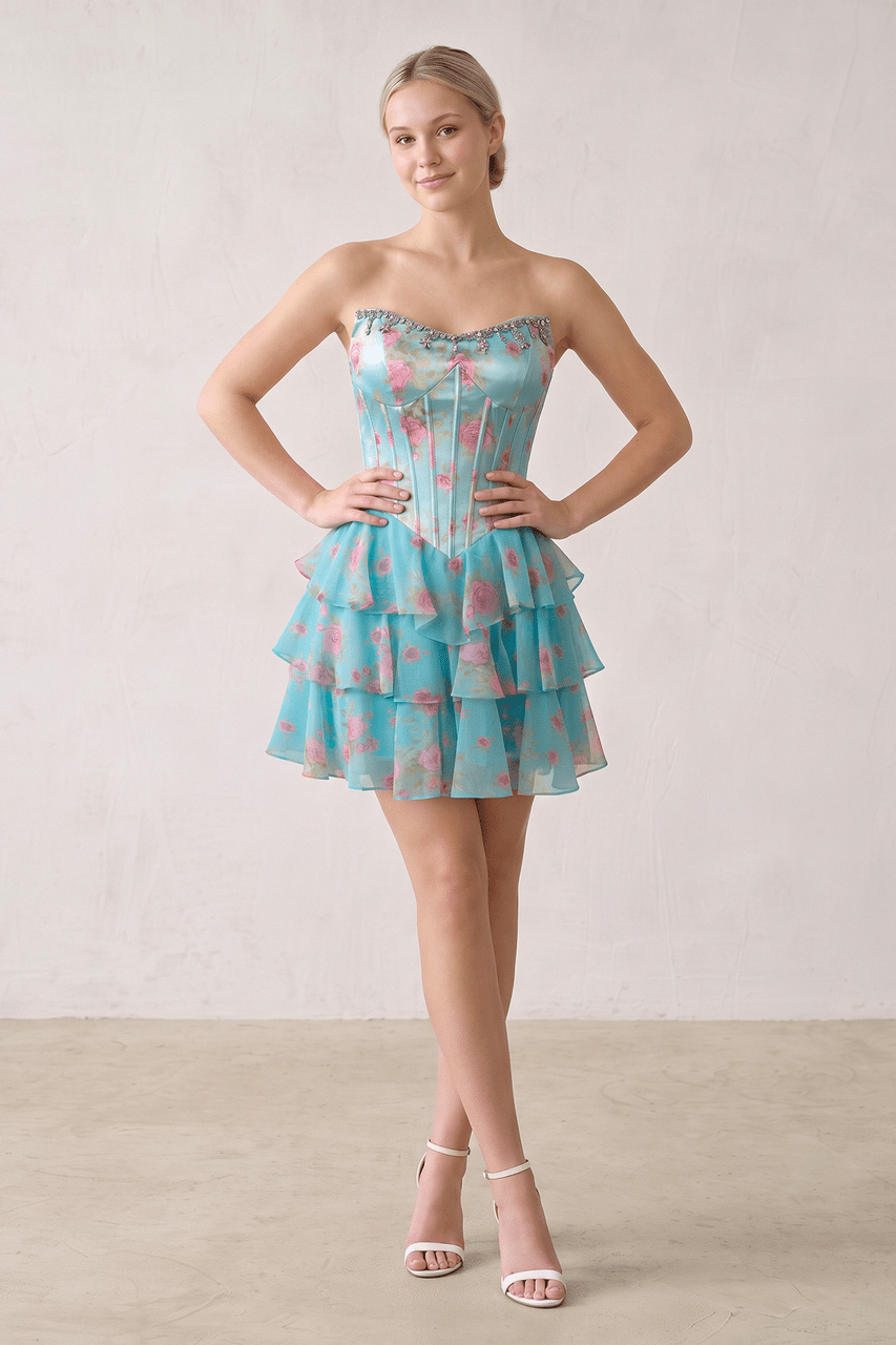 Pink Strapless A-Line Floral Corset Homecoming Dress