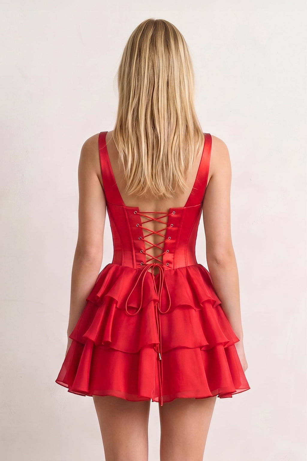Burgundy Square Neck Satin Corset Ruffled A-Line Homecoming Dress