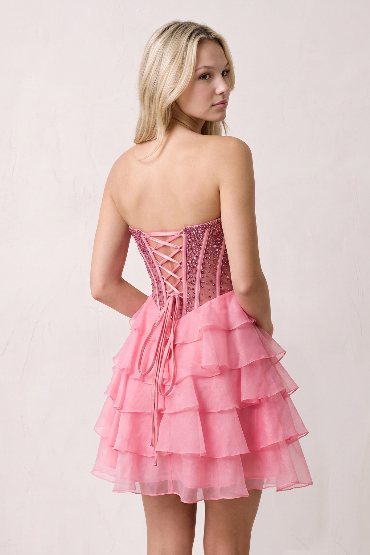 Coral Pink Sweetheart Tiered Ruffled A-Line Corset Chiffon Homecoming Dress