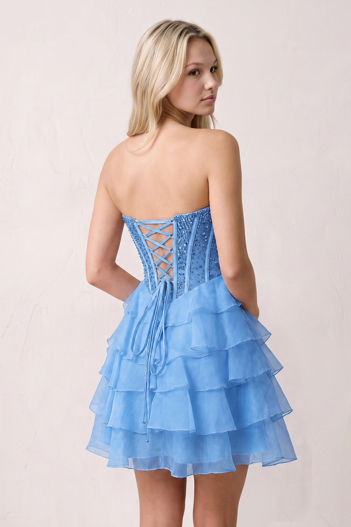 Coral Pink Sweetheart Tiered Ruffled A-Line Corset Chiffon Homecoming Dress