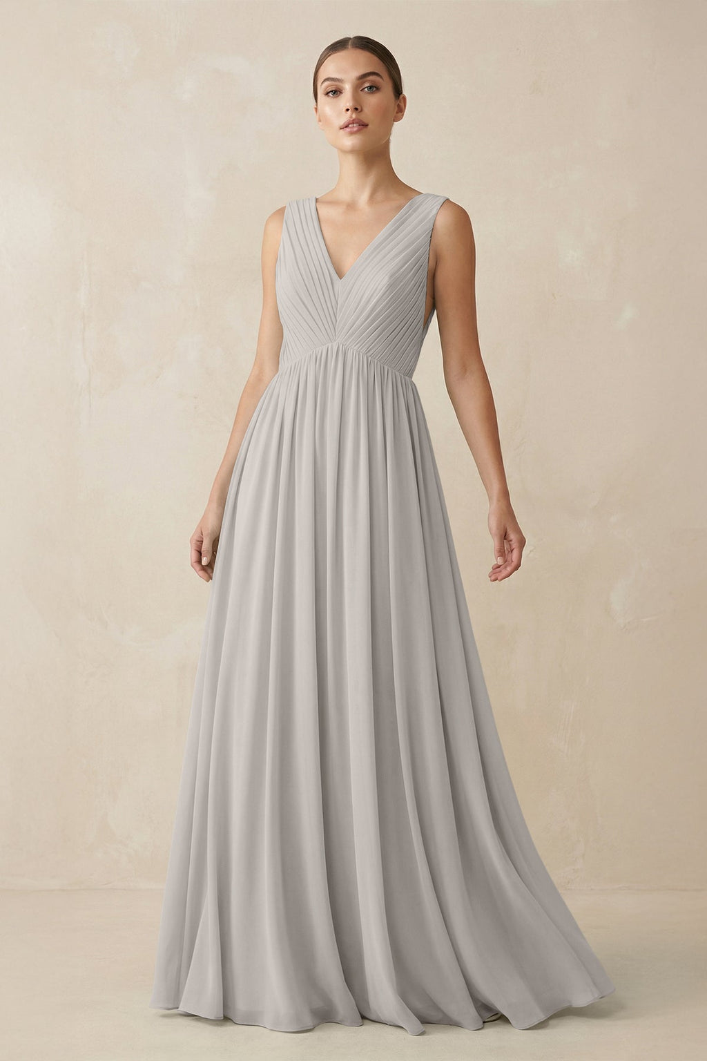 V-Neck Pleated A-Line Chiffon Bridesmaid Dress in Silver