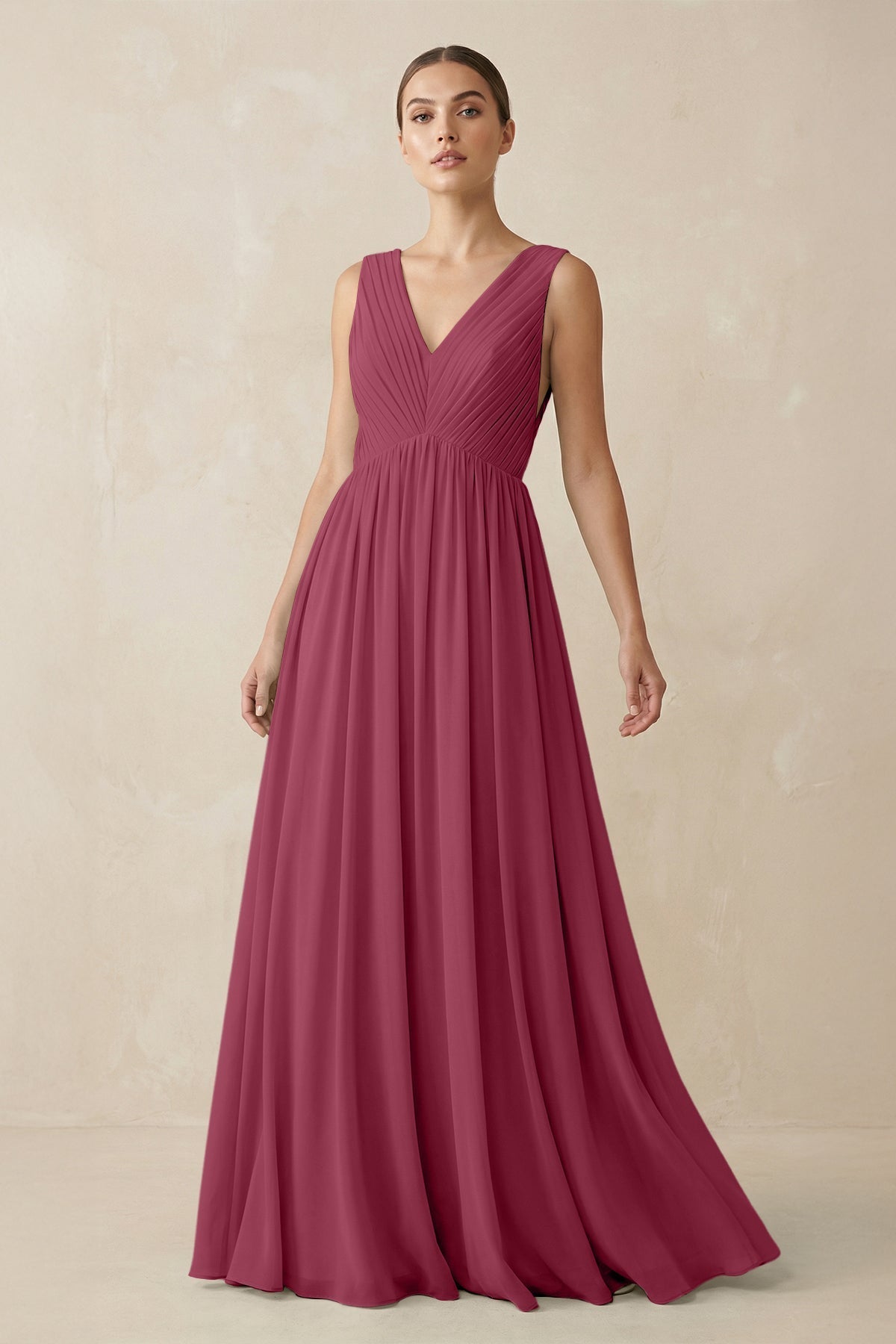 V-Neck Pleated A-Line Chiffon Bridesmaid Dress in Desert Rose