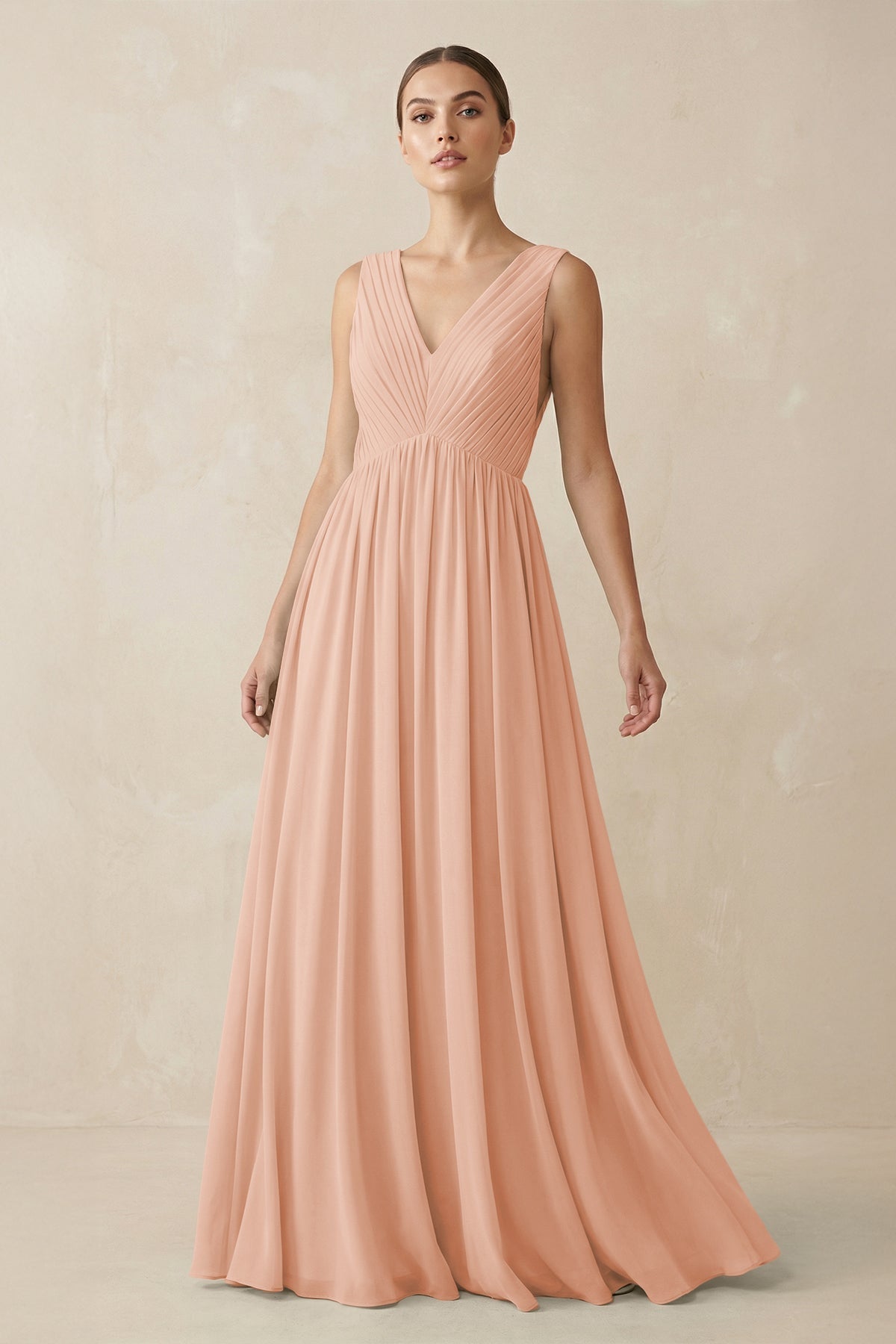 V-Neck Pleated A-Line Chiffon Bridesmaid Dress in English Rose