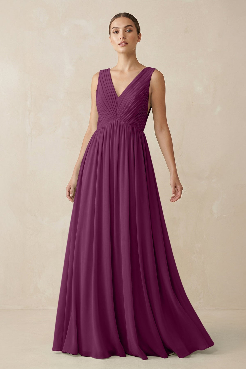 V-Neck Pleated A-Line Chiffon Bridesmaid Dress in Fig