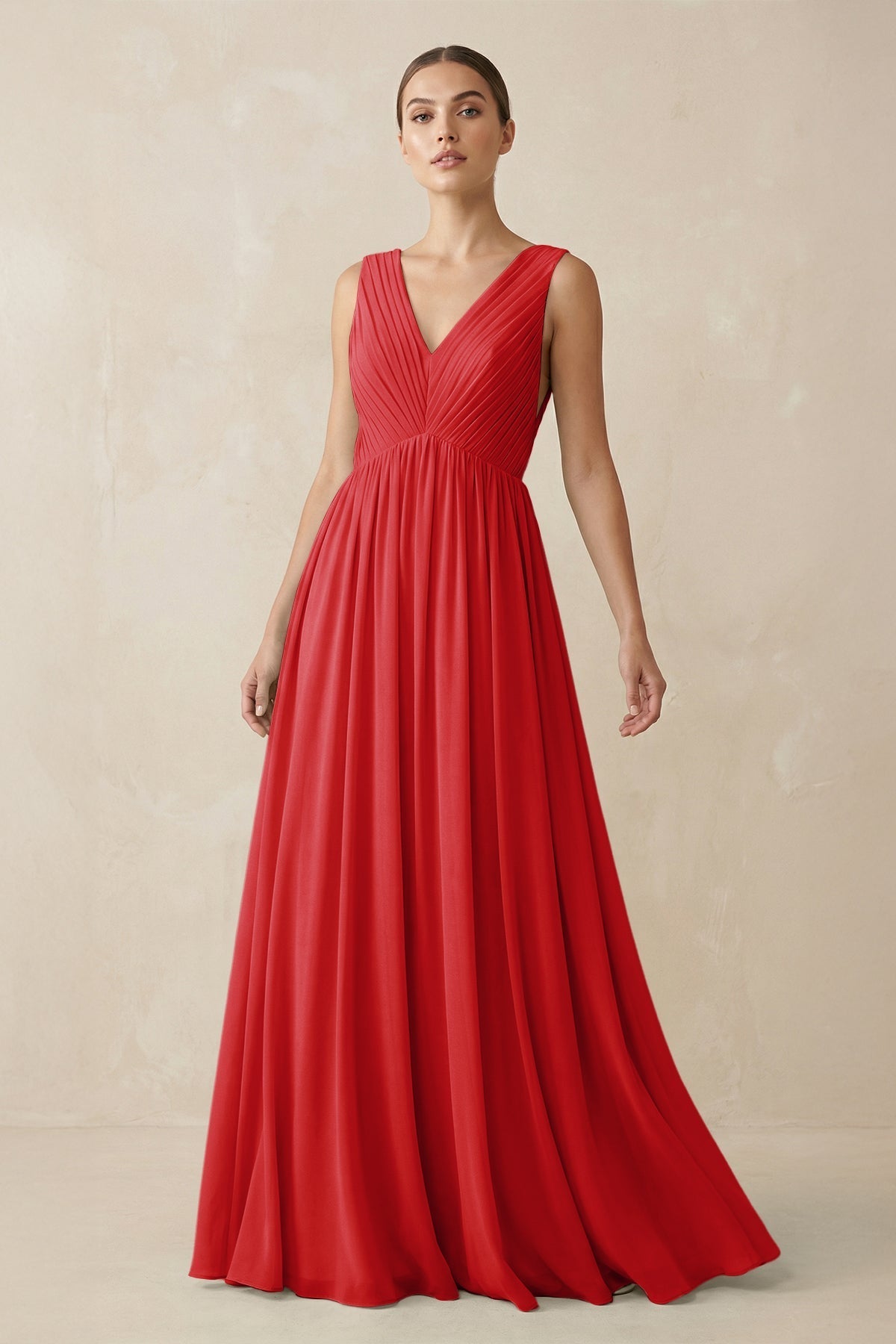 V-Neck Pleated A-Line Chiffon Bridesmaid Dress in Ruby Red