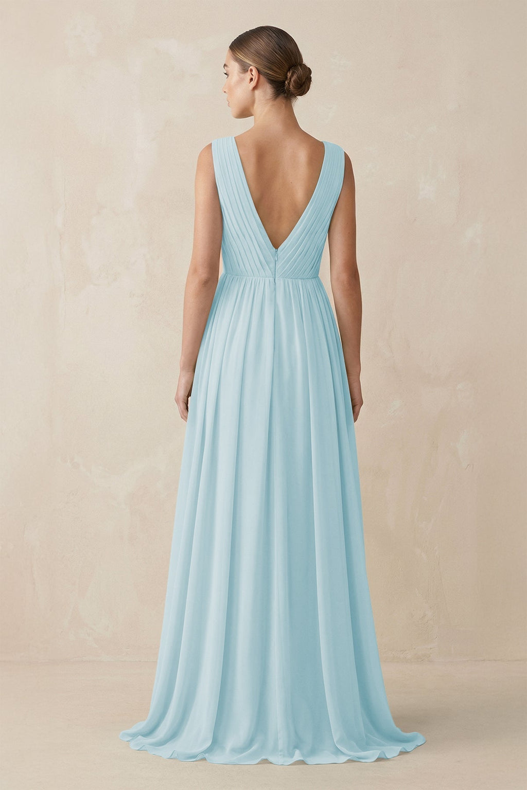 V-Neck Pleated A-Line Chiffon Bridesmaid Dress in Sky Blue