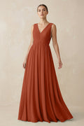 V-Neck Pleated A-Line Chiffon Bridesmaid Dress in Spice