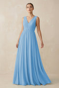 V-Neck Pleated A-Line Chiffon Bridesmaid Dress in Steel Blue