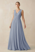 V-Neck Pleated A-Line Chiffon Bridesmaid Dress in Twilight