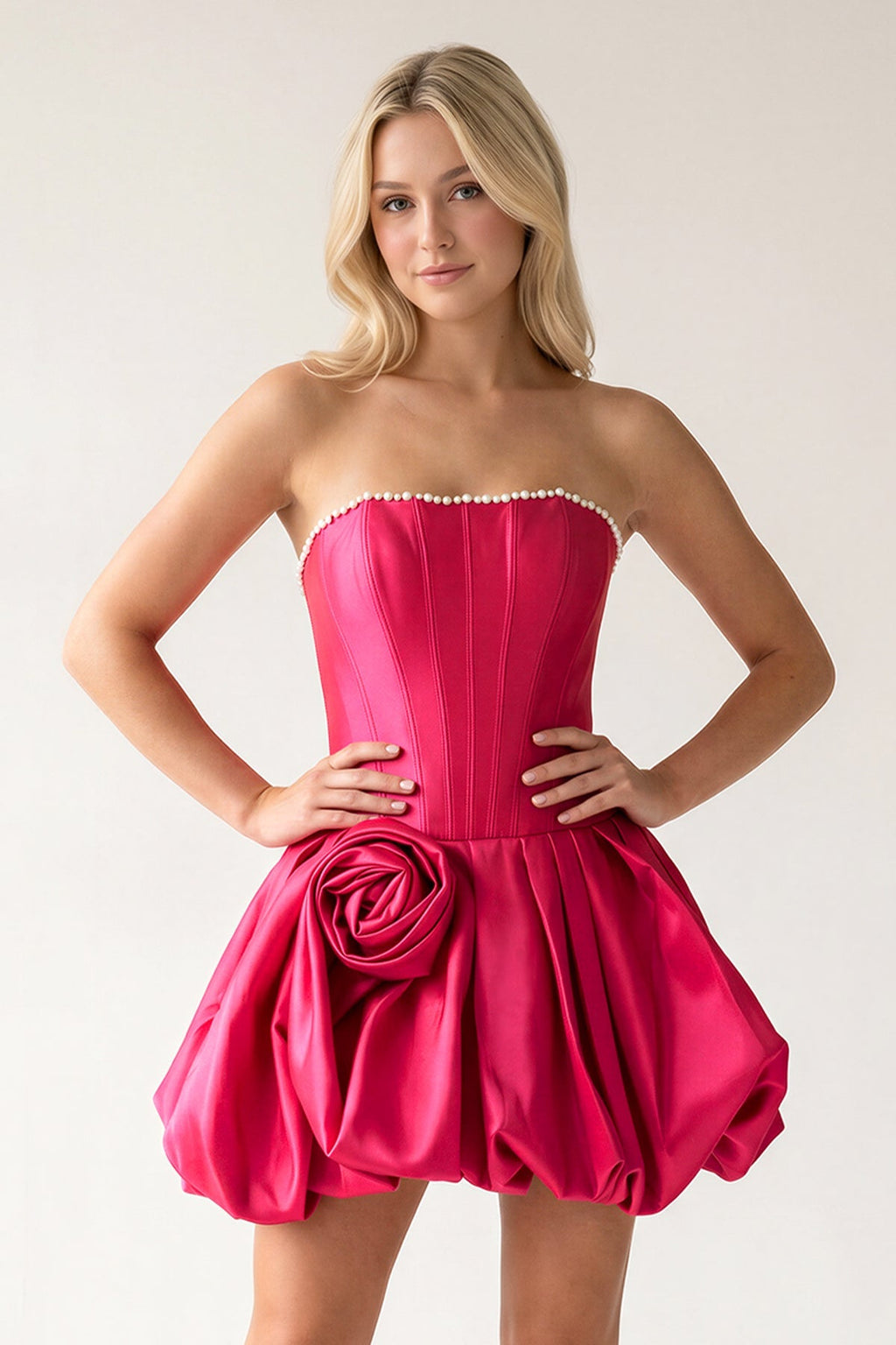 Fuchsia A-Line Bubble Hem Satin Strapless Corset Homecoming Dress