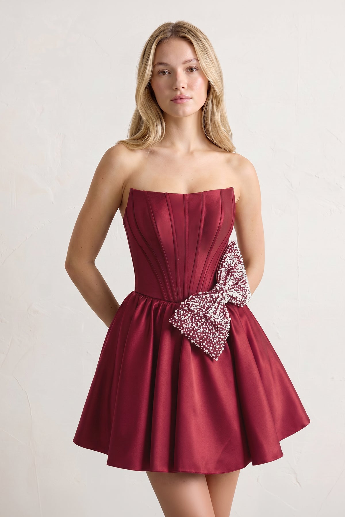 Fuchsia Strapless A-Line Satin Mini Corset Homecoming Dress With Bow