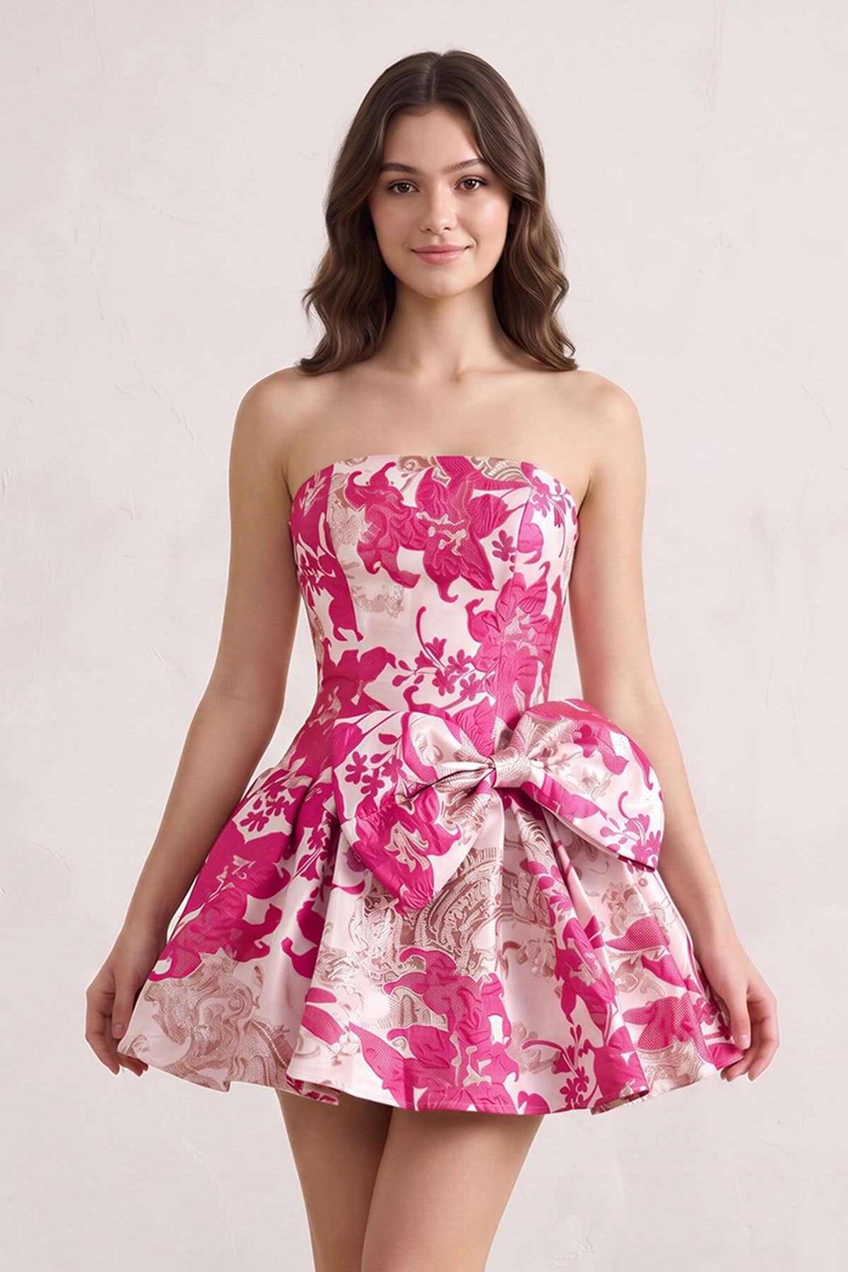 Fuchsia Strapless Jacquard A-Line Homecoming Dress with Bowknot