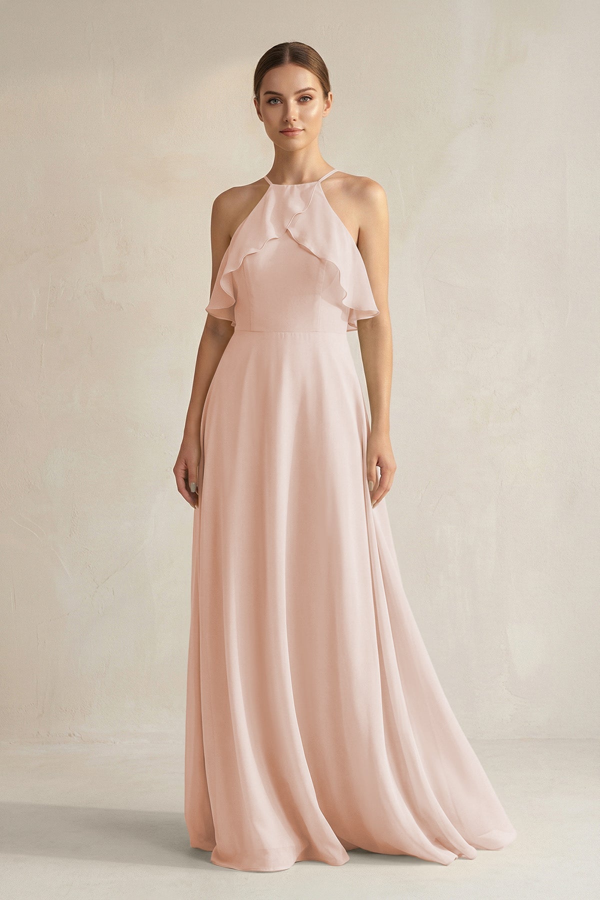 Halter Neck A-Line Chiffon Bridesmaid Dress with Keyhole in Pale Blush