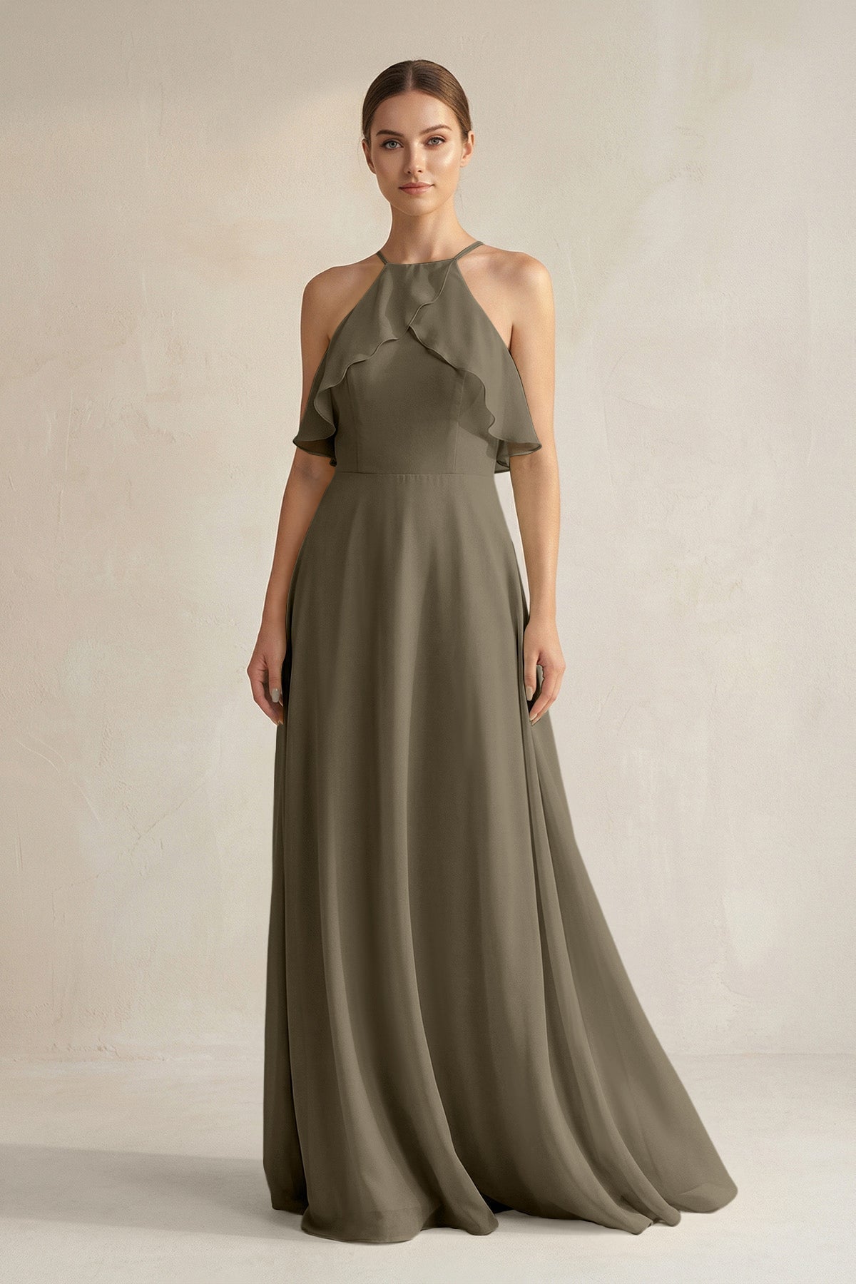 Halter Neck A-Line Chiffon Bridesmaid Dress with Keyhole in Willow Green