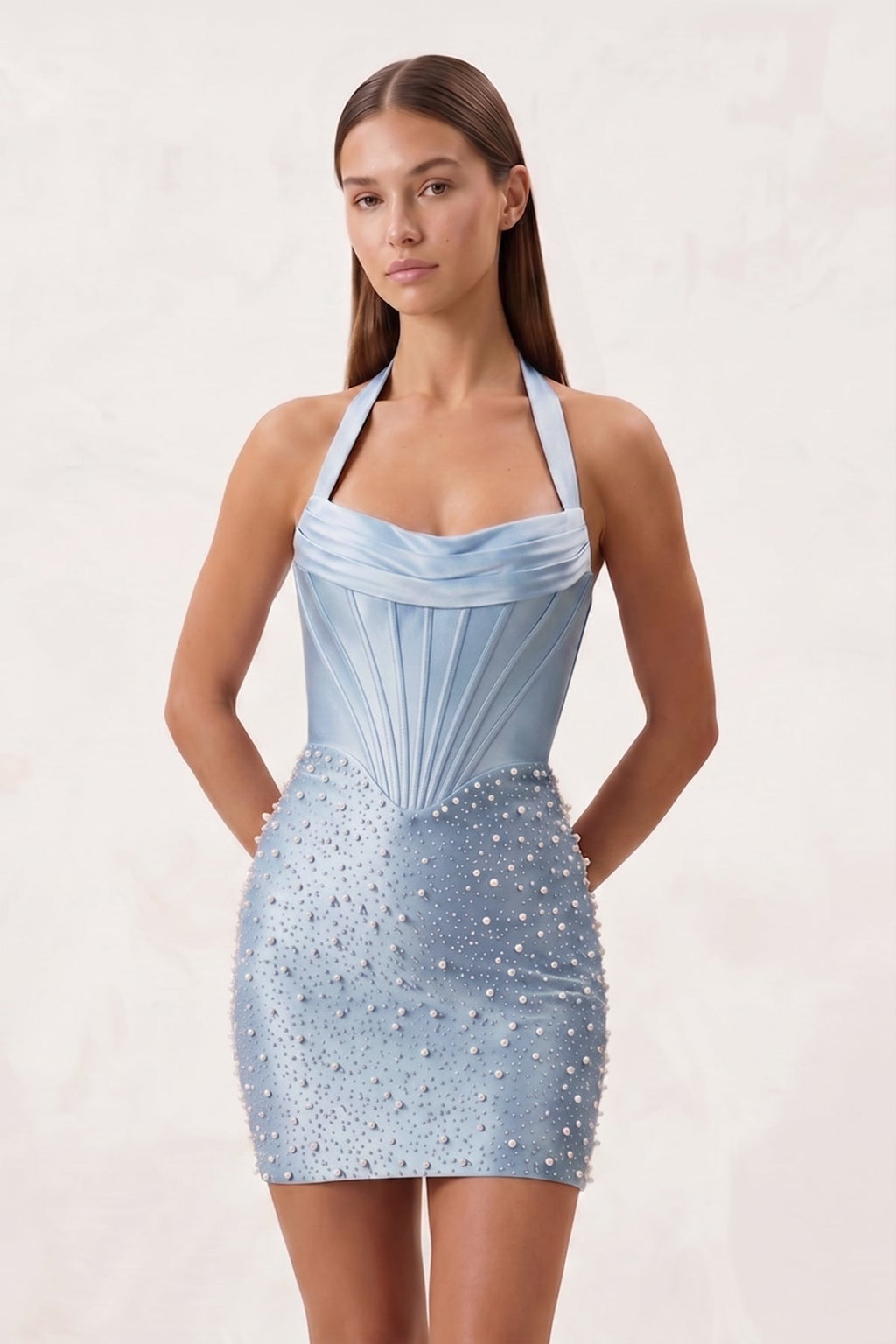 Halter Sheath Corset Satin Homecoming Dress With Pearl