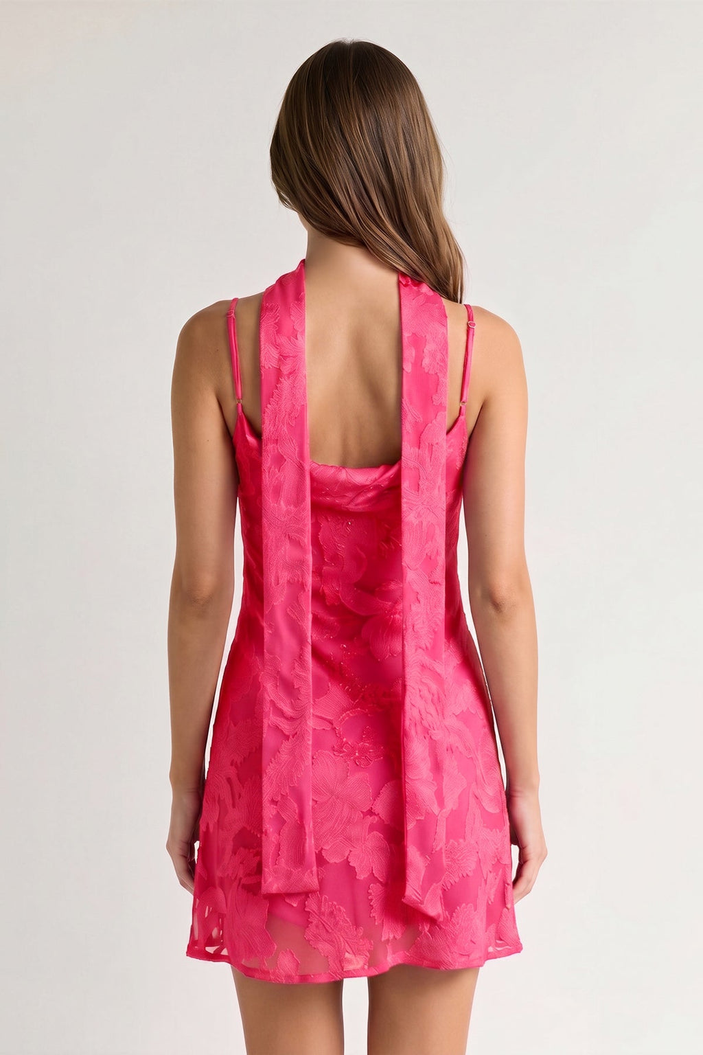 Red Jacquard Chiffon Cami Straps Sheath Homecoming Dress with Scarf