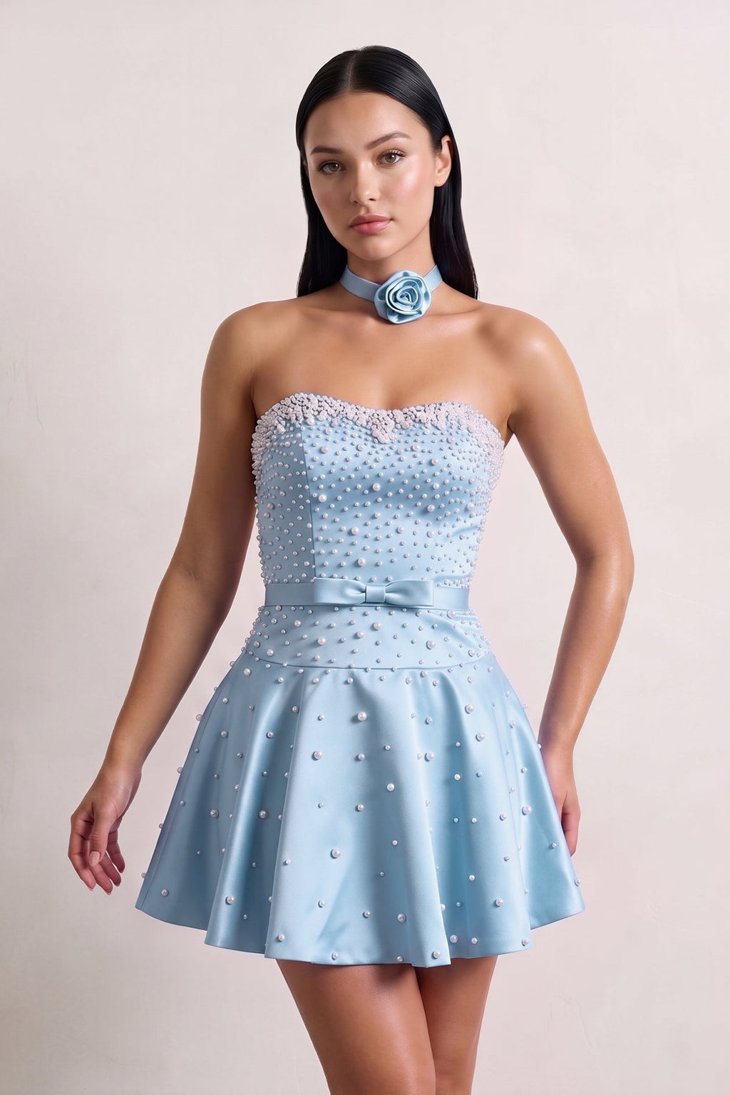 Hot Pink Strapless Pearl A-Line Satin Homecoming Dress With Bowknot