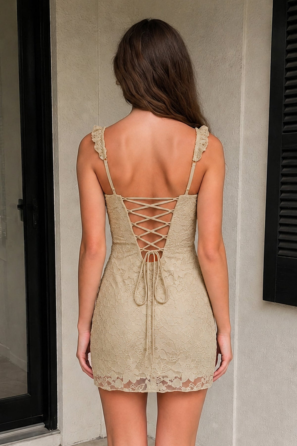 Yellow Sweetheart Lace Sheath Mini Homecoming Dress with Lace-Up Back