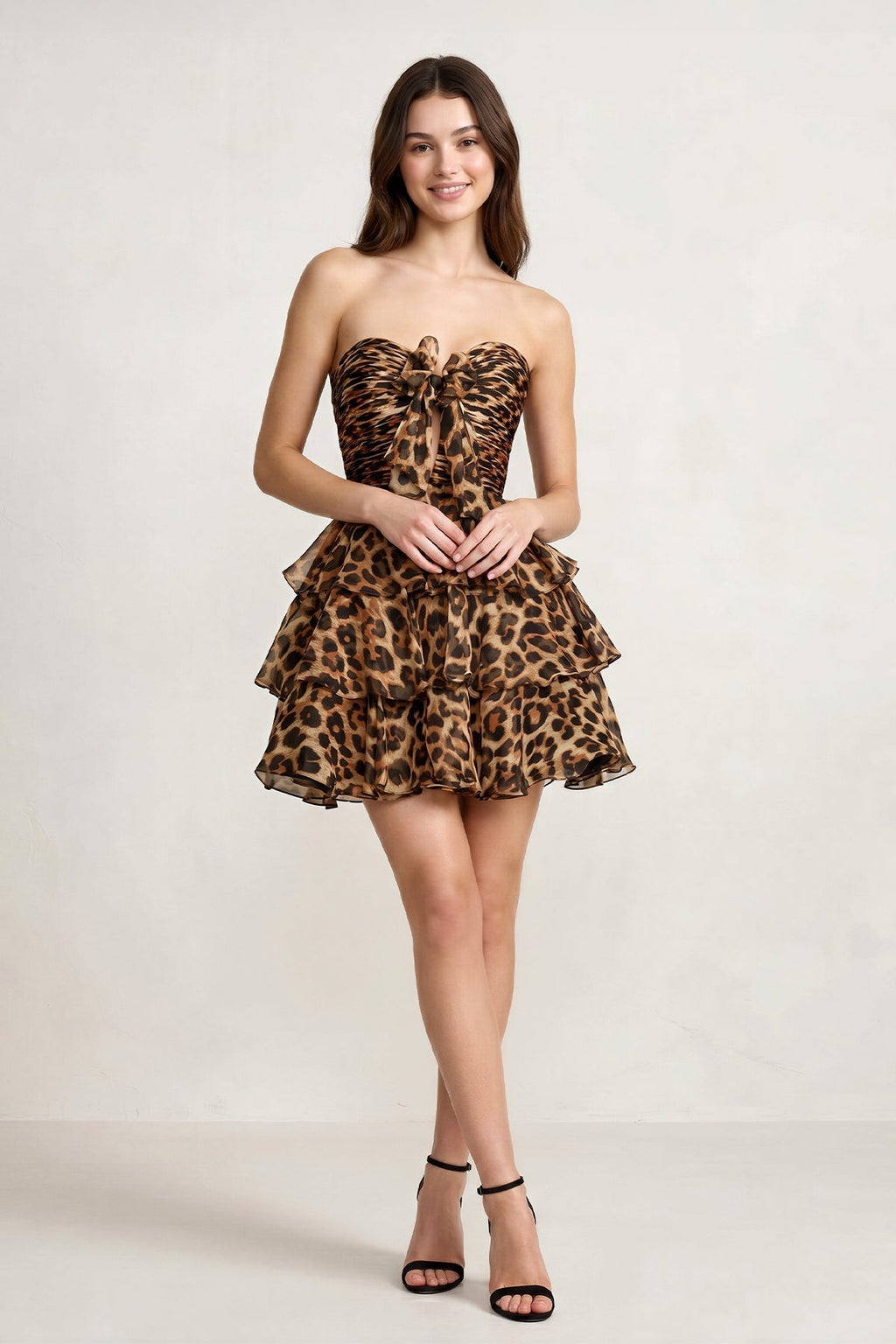 Leopard A-Line Sweetheart Floral Printed Chiffon Ruffles Homecoming Dress