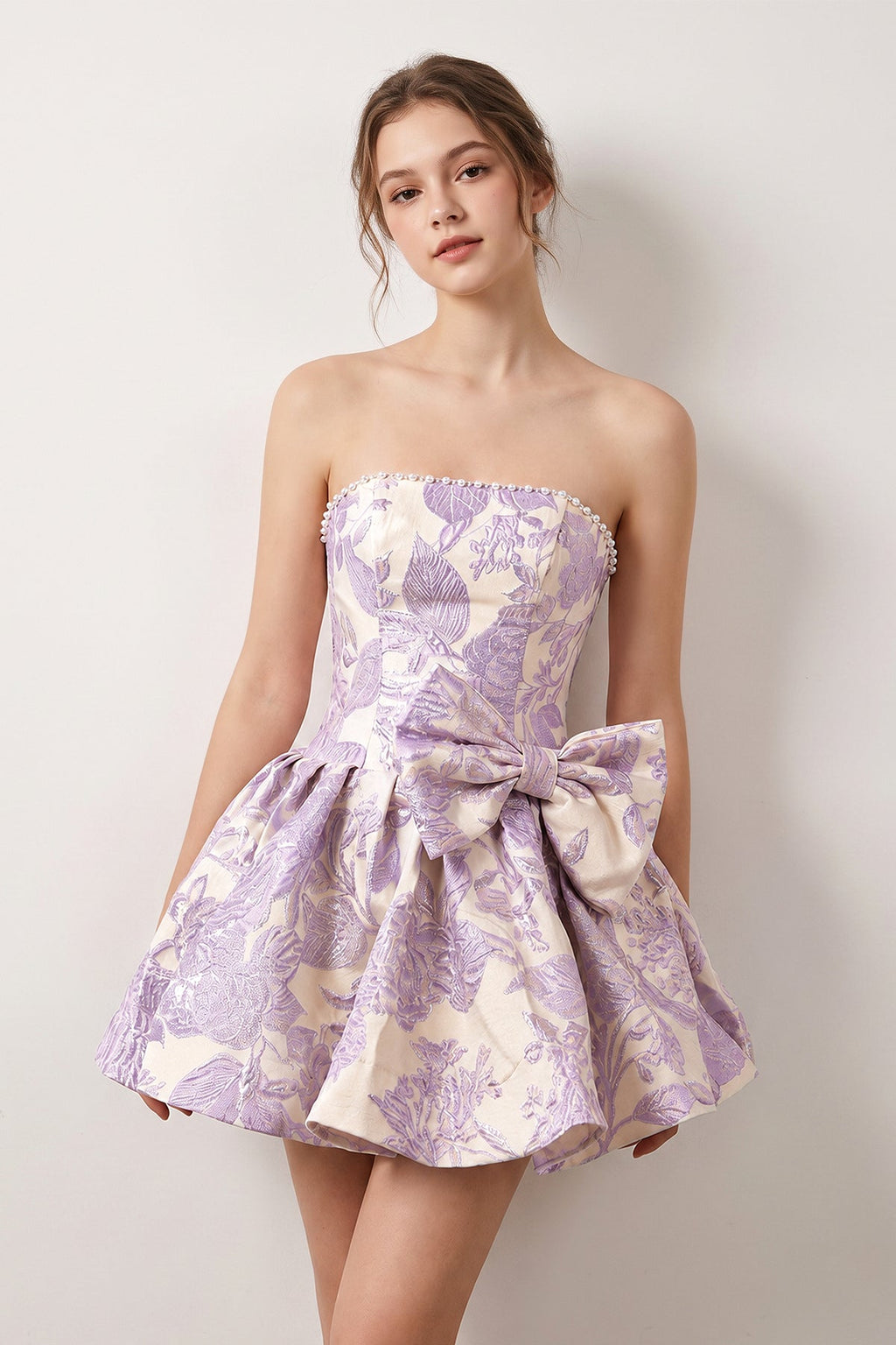 Blue Flower Jacquard Strapless A-Line Bowknot Homecoming Dress With Pearl