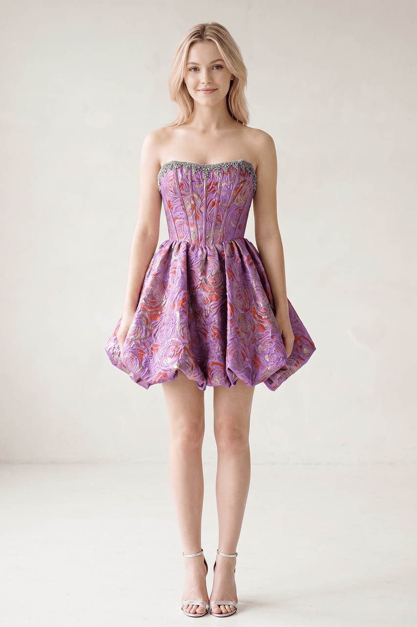 Lilac Strapless Corset Jacquard A-Line Ruched Homecoming Dress with Beading