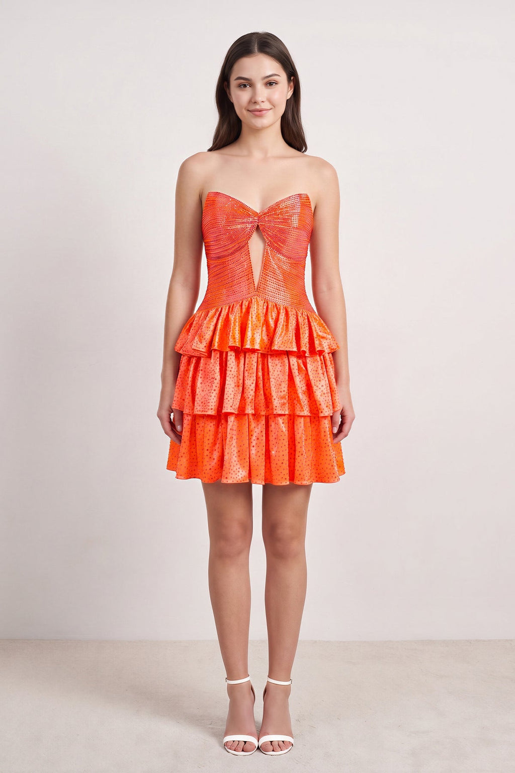 Orange Sweetheart A-Line Tiered Cut-Out Homecoming Dress With Beading