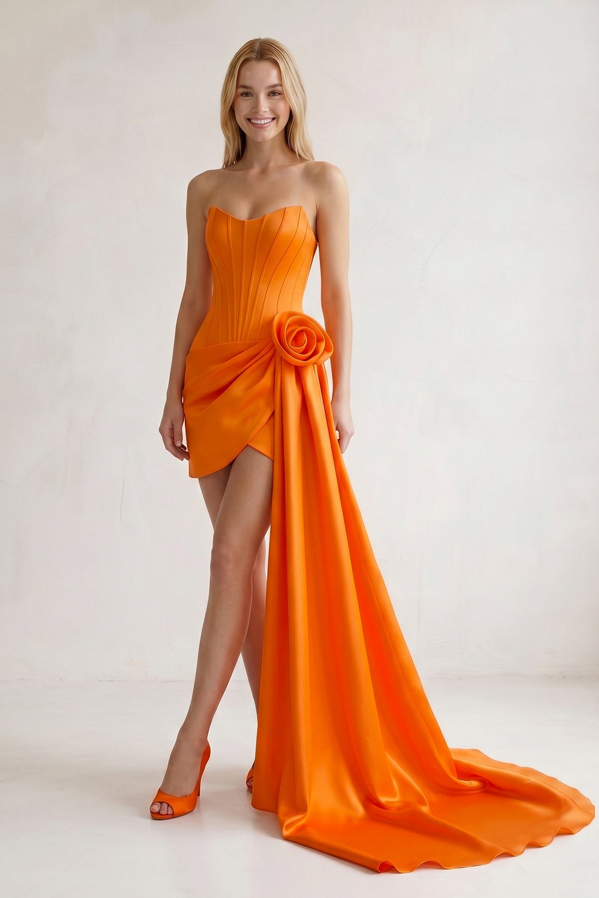 Orange Sweetheart Satin Corset 3D Flower Homecoming Dress With Ribbon