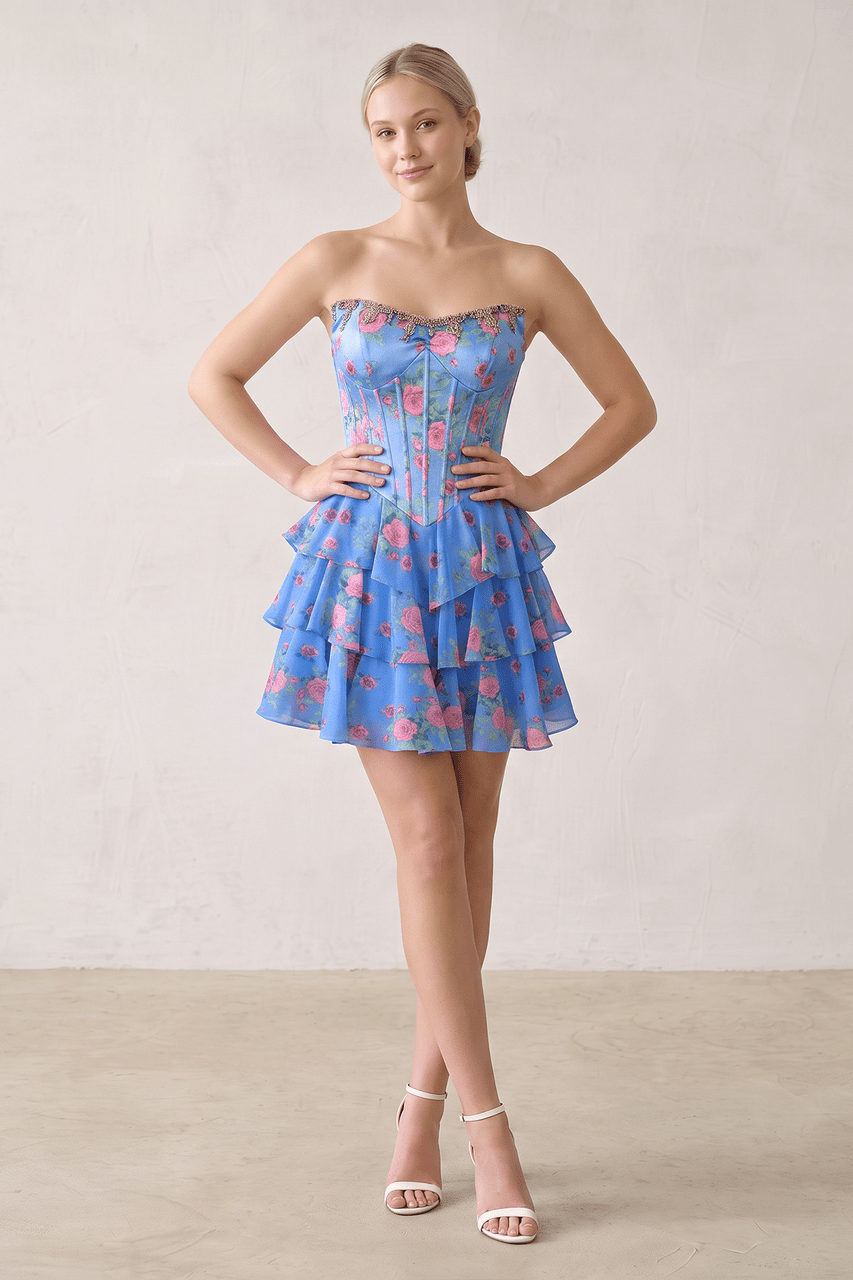 Pink Strapless A-Line Floral Corset Homecoming Dress