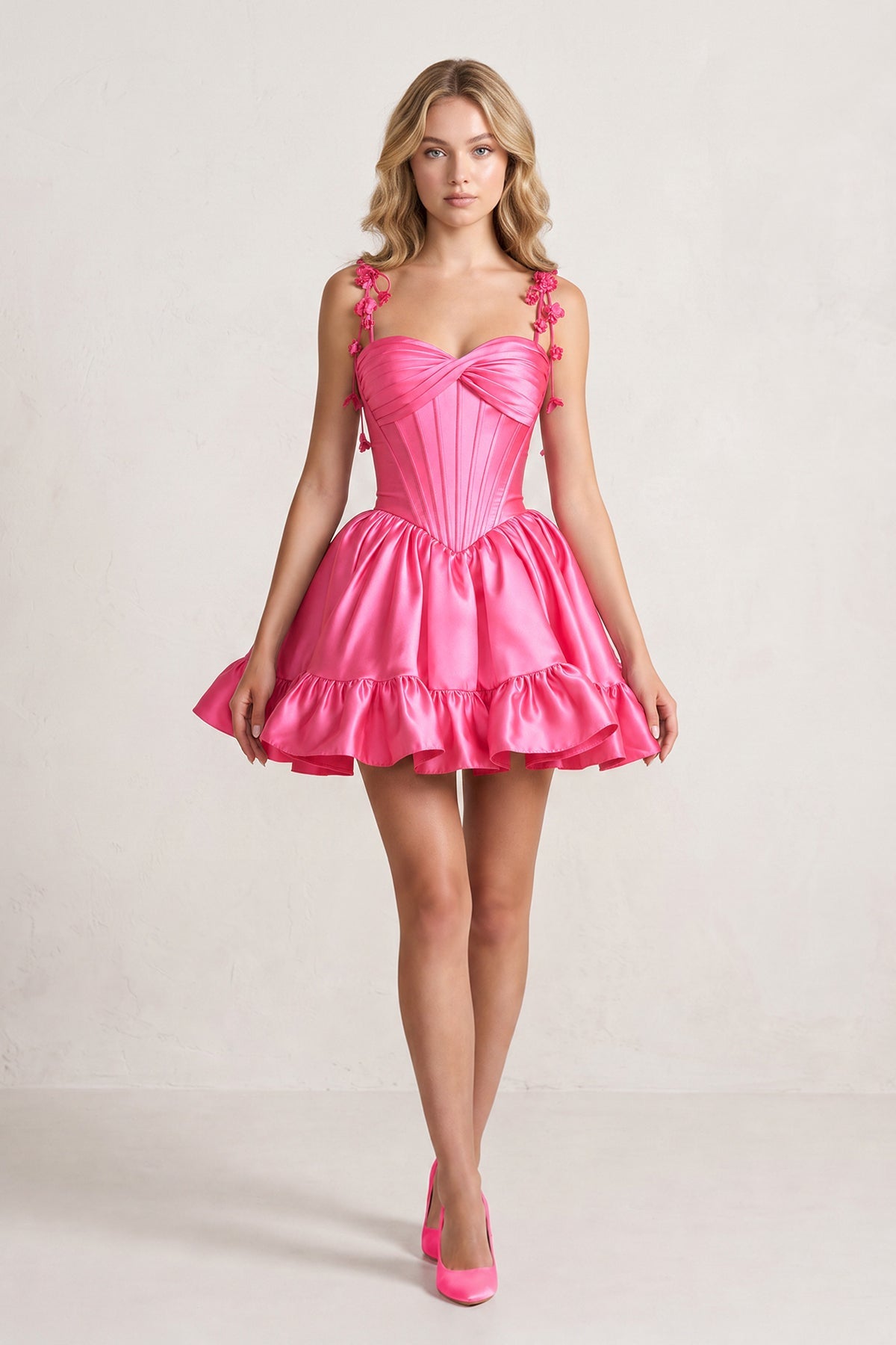 Pink 3D Flower Spaghetti Straps Ruffled A-Line Satin Corset Homecoming Dress