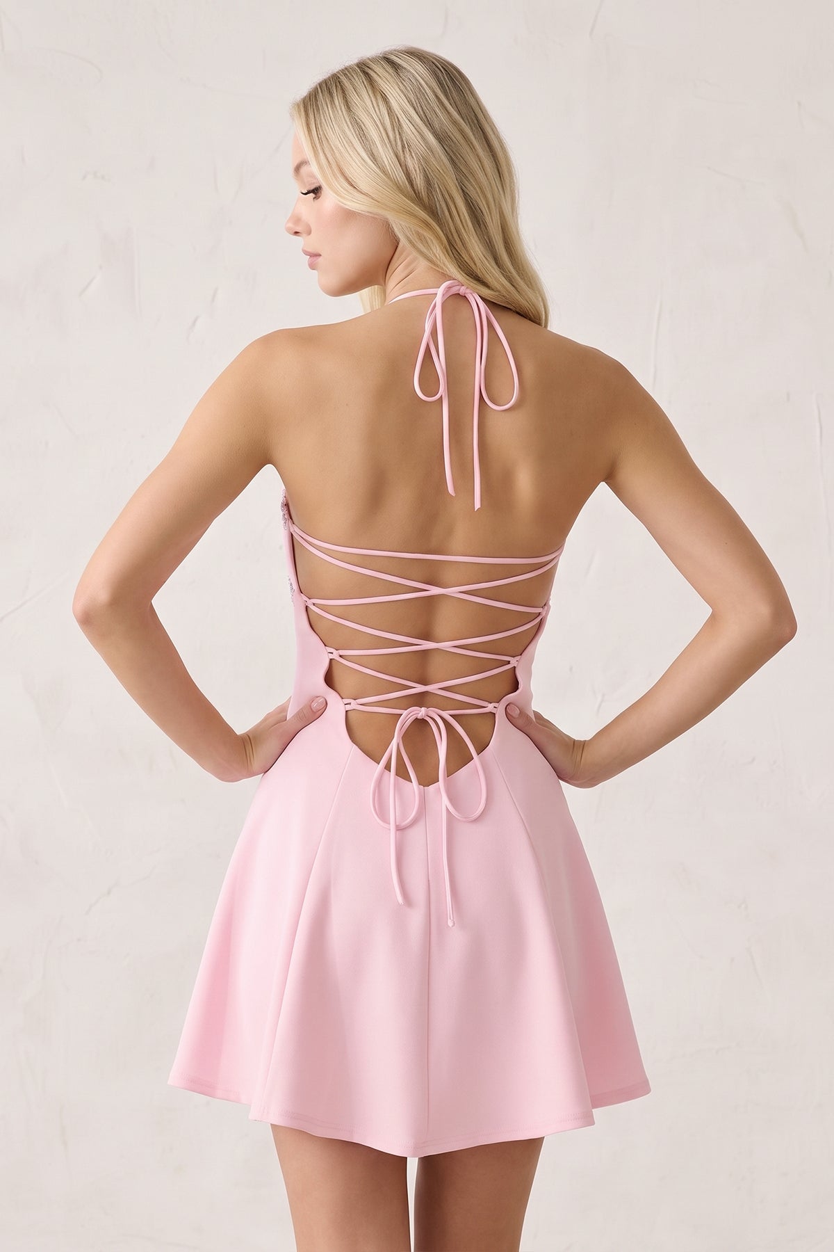 Pink Halter A-Line Embroidery Satin Short Homecoming Dress
